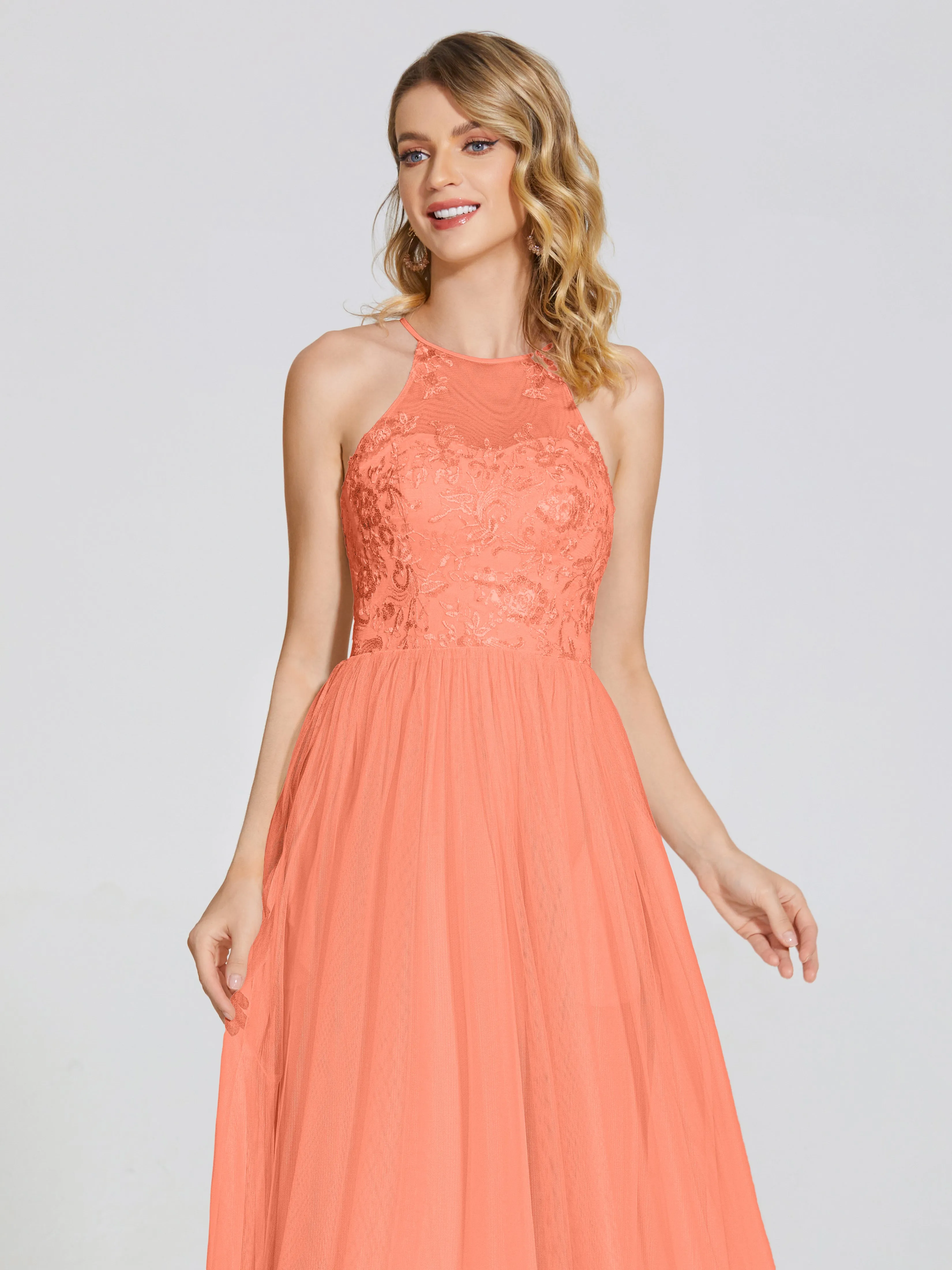 Destiny Halter Embroidered Tulle Bridesmaid Dresses