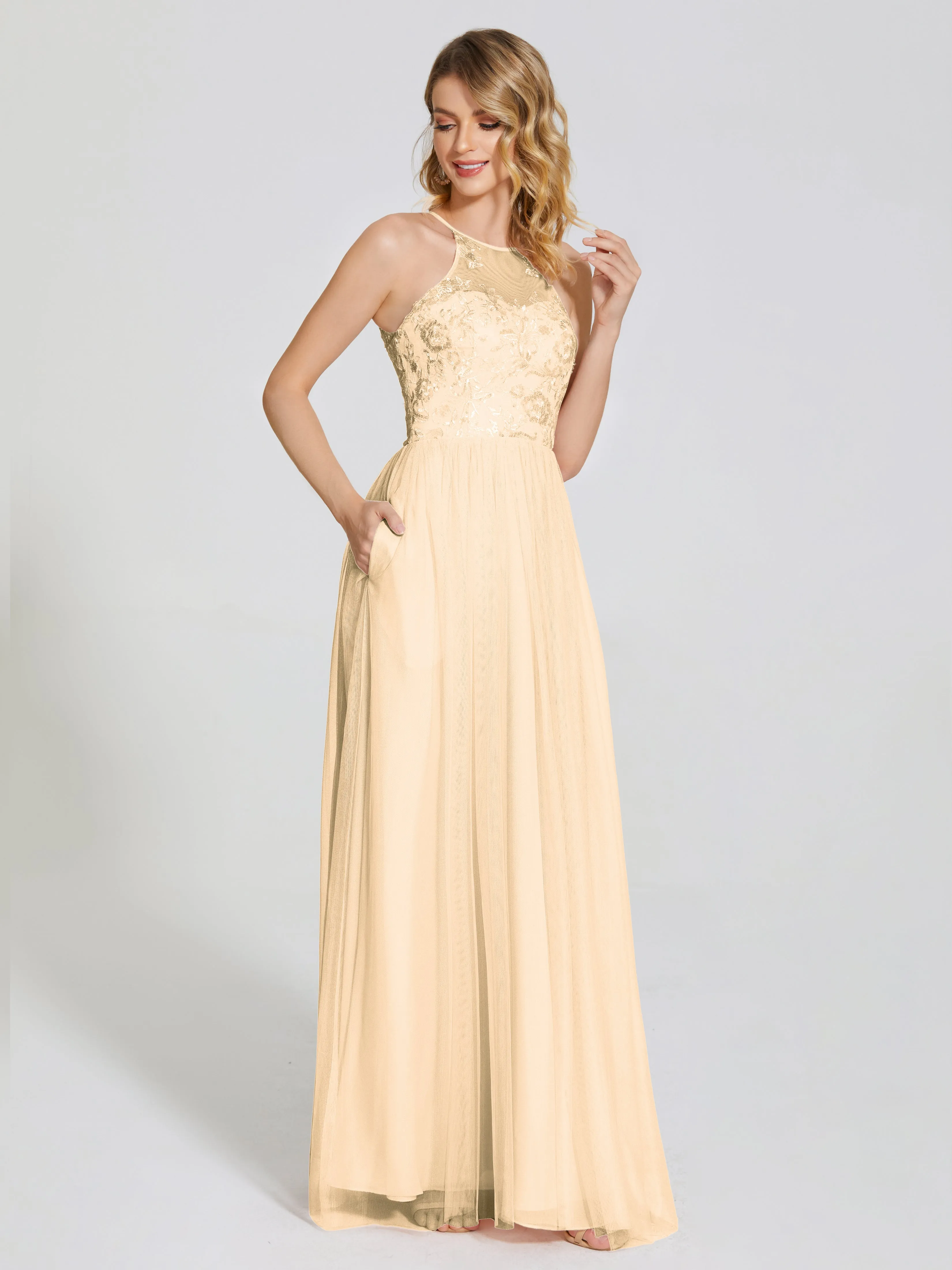 Destiny Halter Embroidered Tulle Bridesmaid Dresses