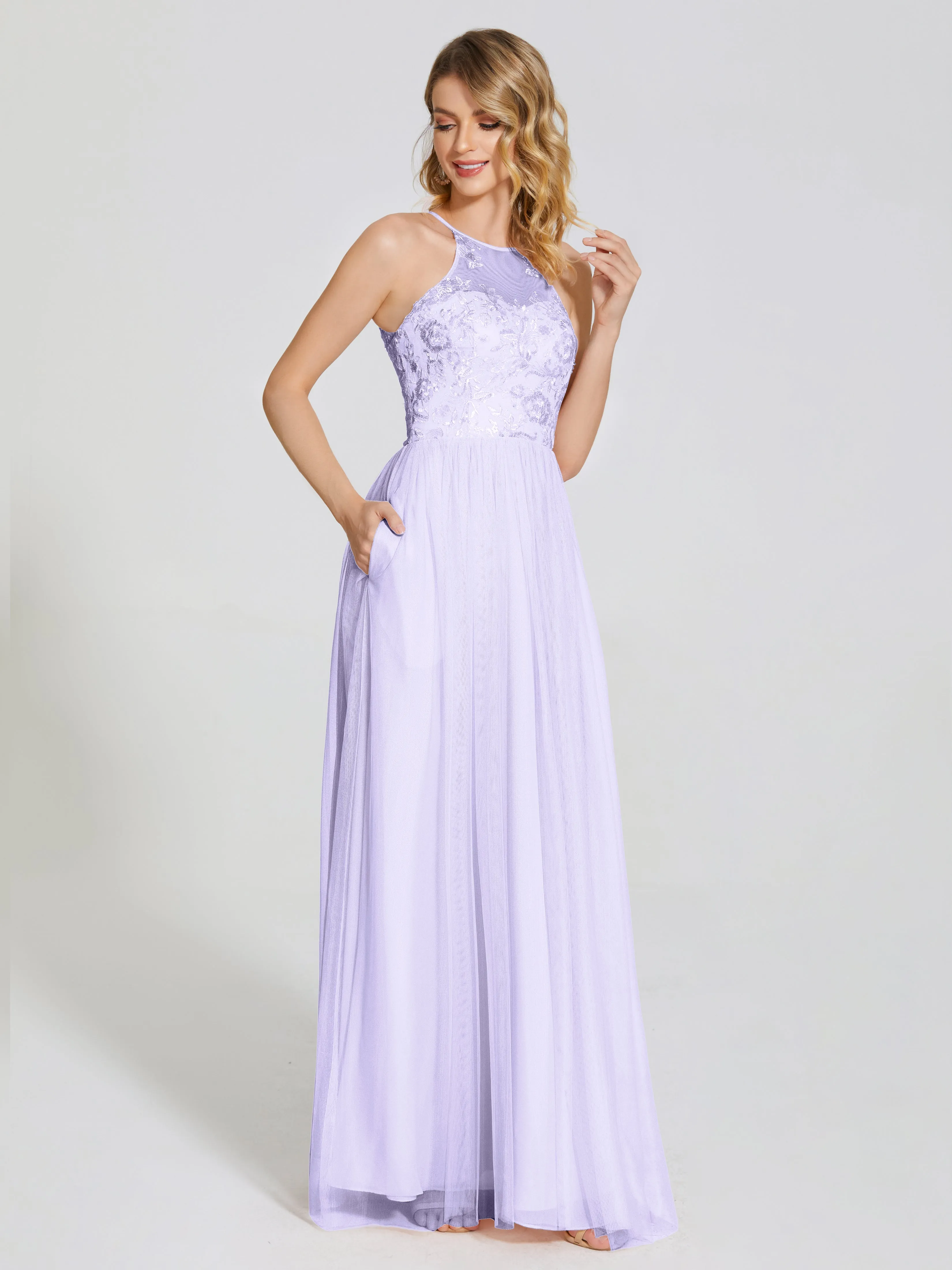 Destiny Halter Embroidered Tulle Bridesmaid Dresses