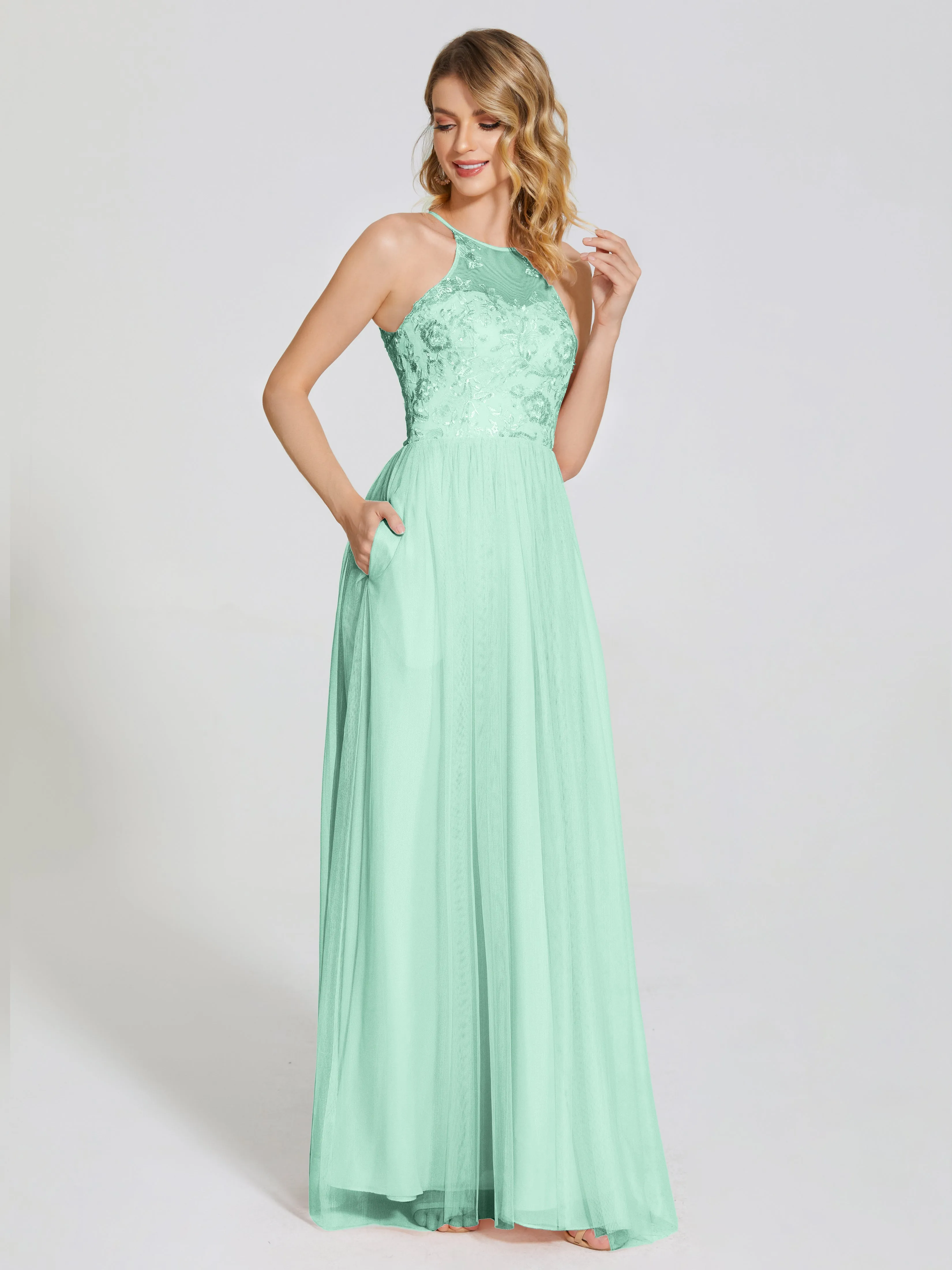 Destiny Halter Embroidered Tulle Bridesmaid Dresses