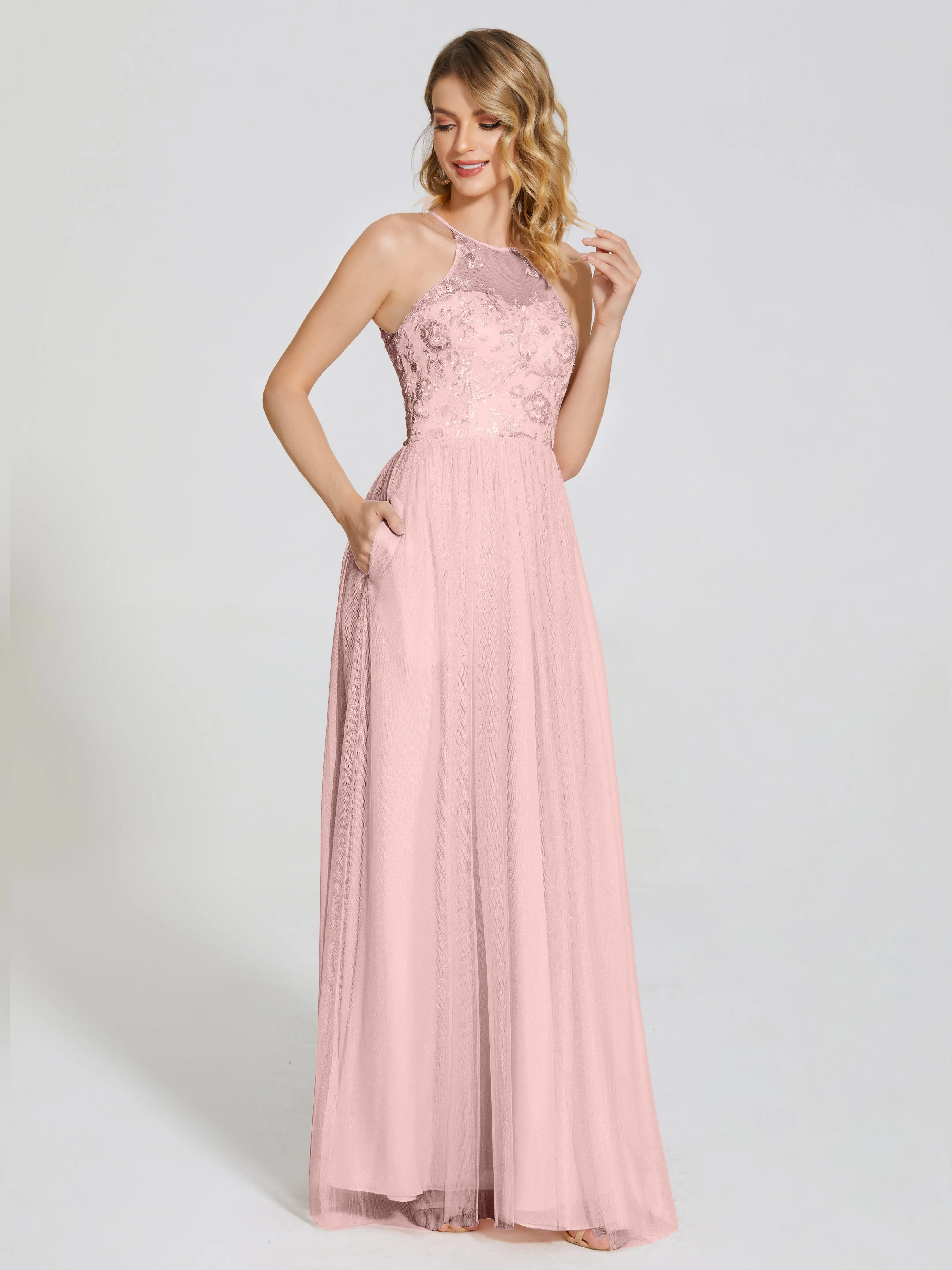 Destiny Halter Embroidered Tulle Bridesmaid Dresses