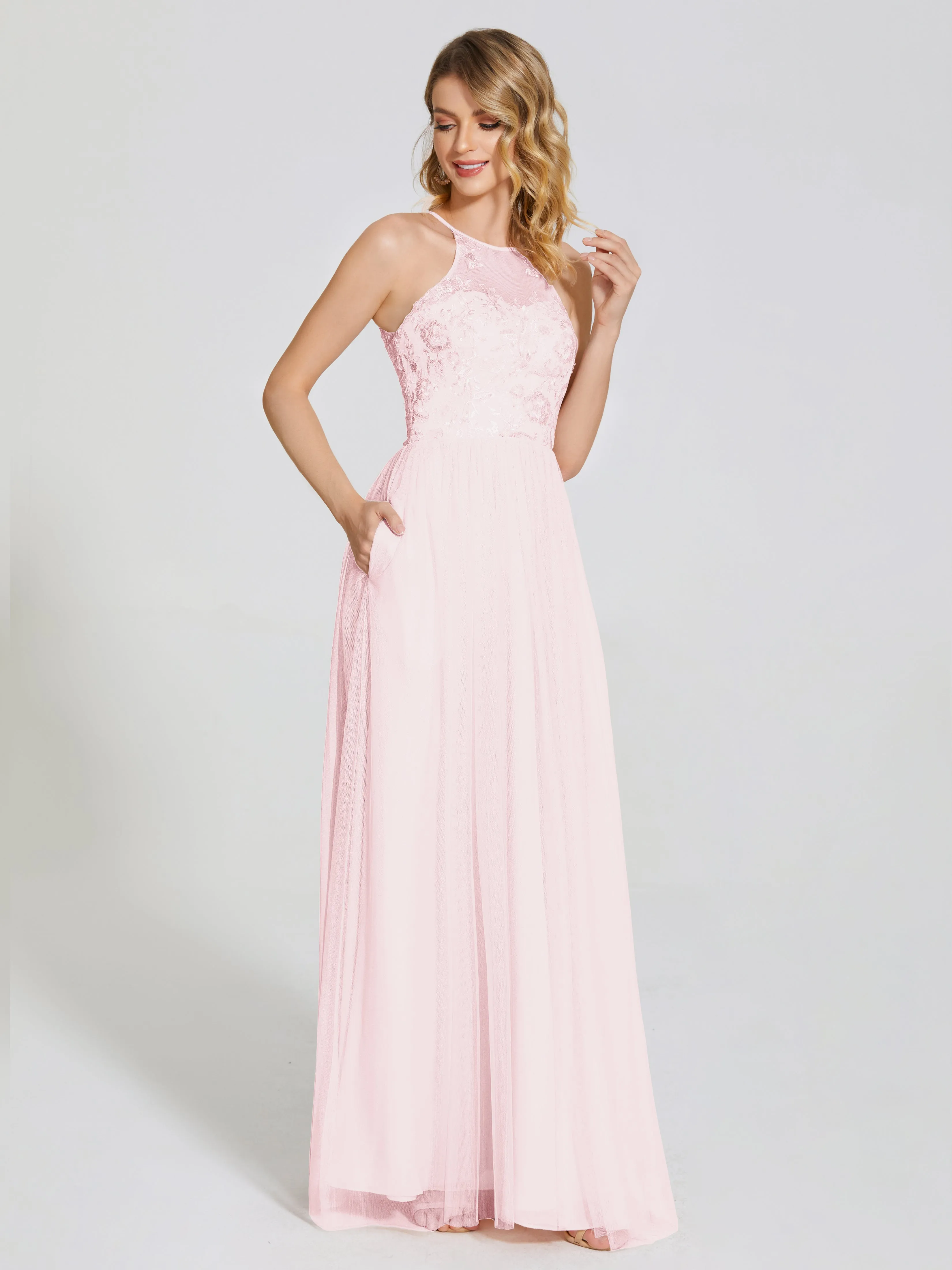 Destiny Halter Embroidered Tulle Bridesmaid Dresses