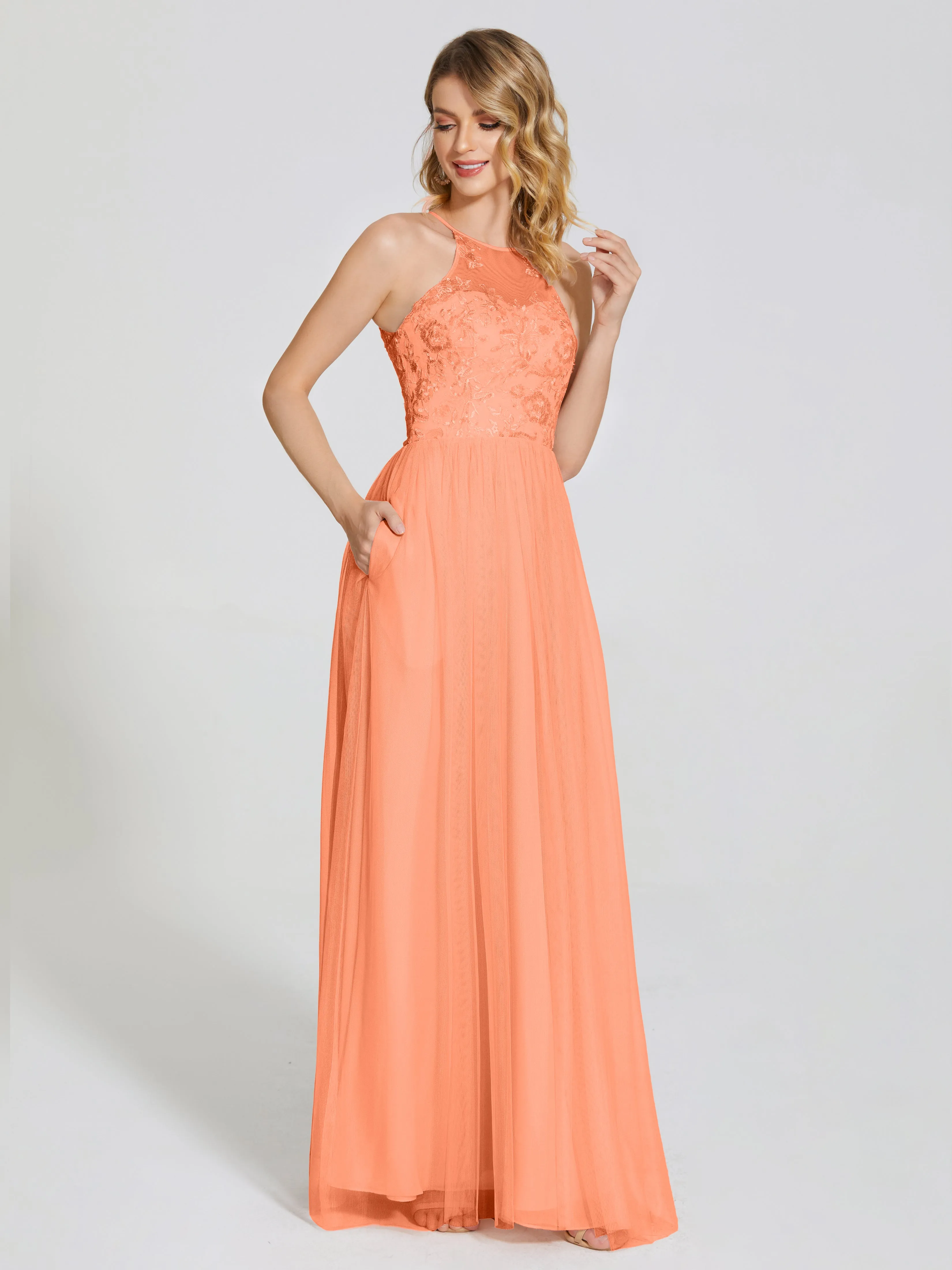 Destiny Halter Embroidered Tulle Bridesmaid Dresses