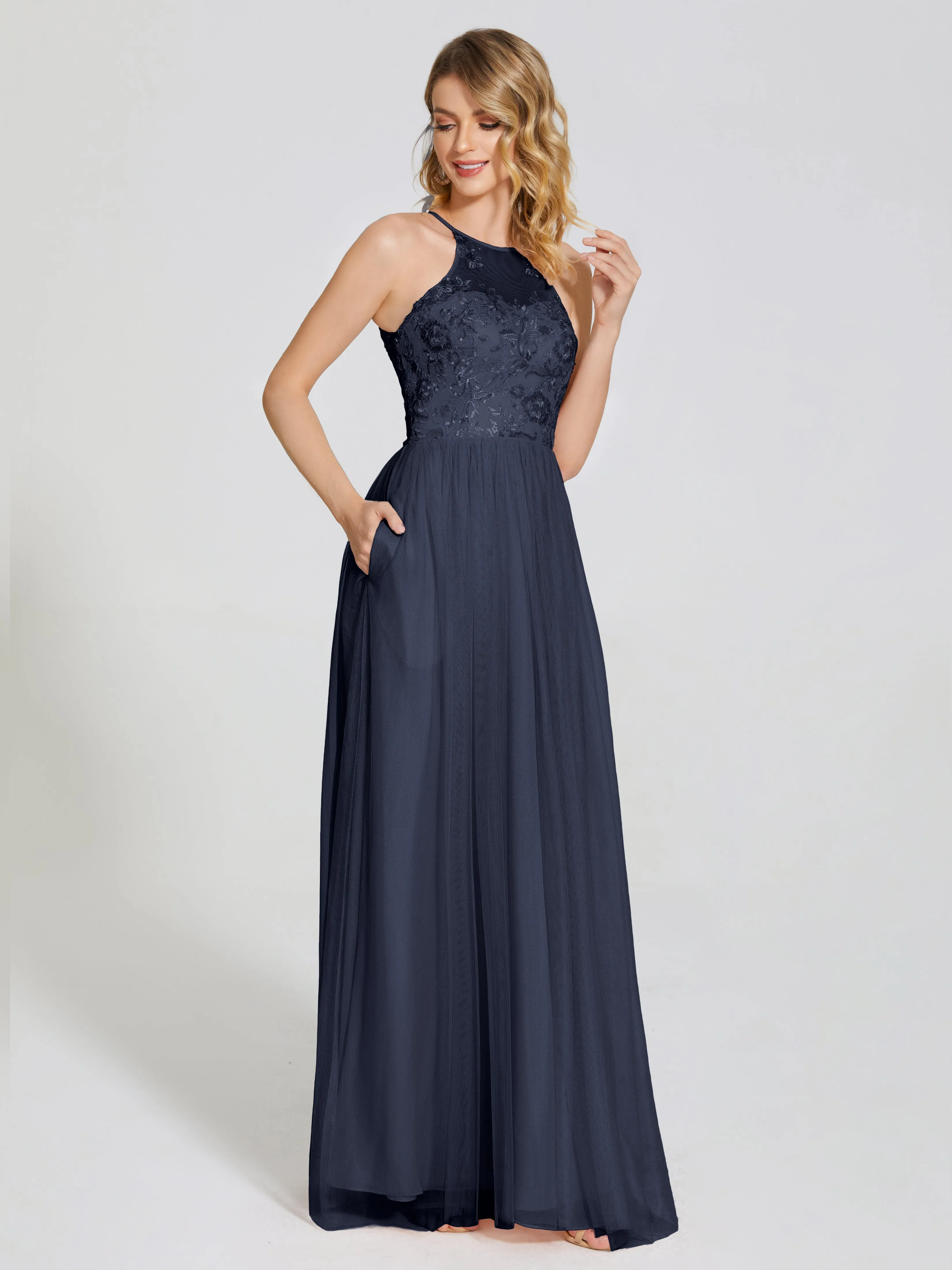 Destiny Halter Embroidered Tulle Bridesmaid Dresses