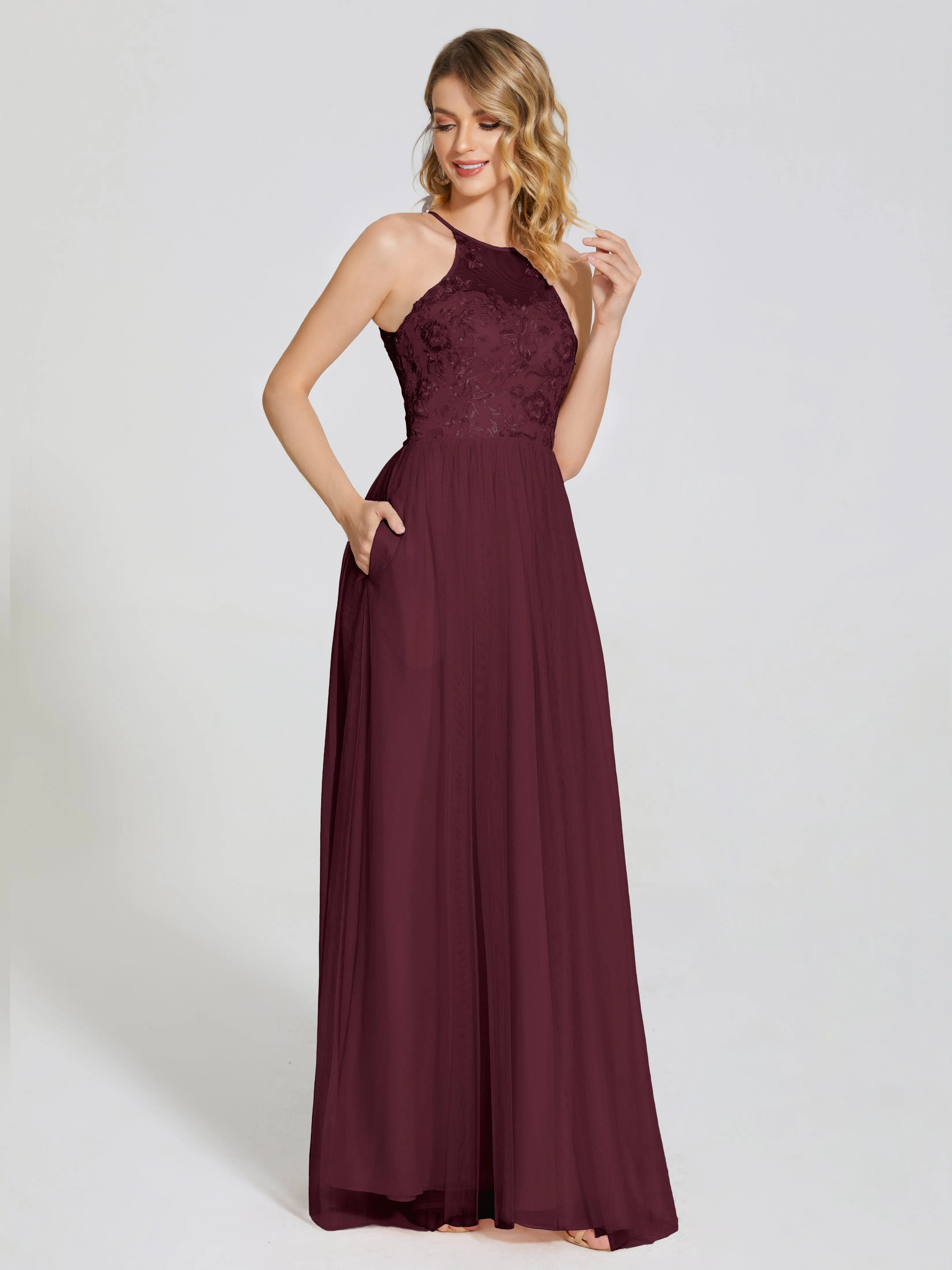 Destiny Halter Embroidered Tulle Bridesmaid Dresses