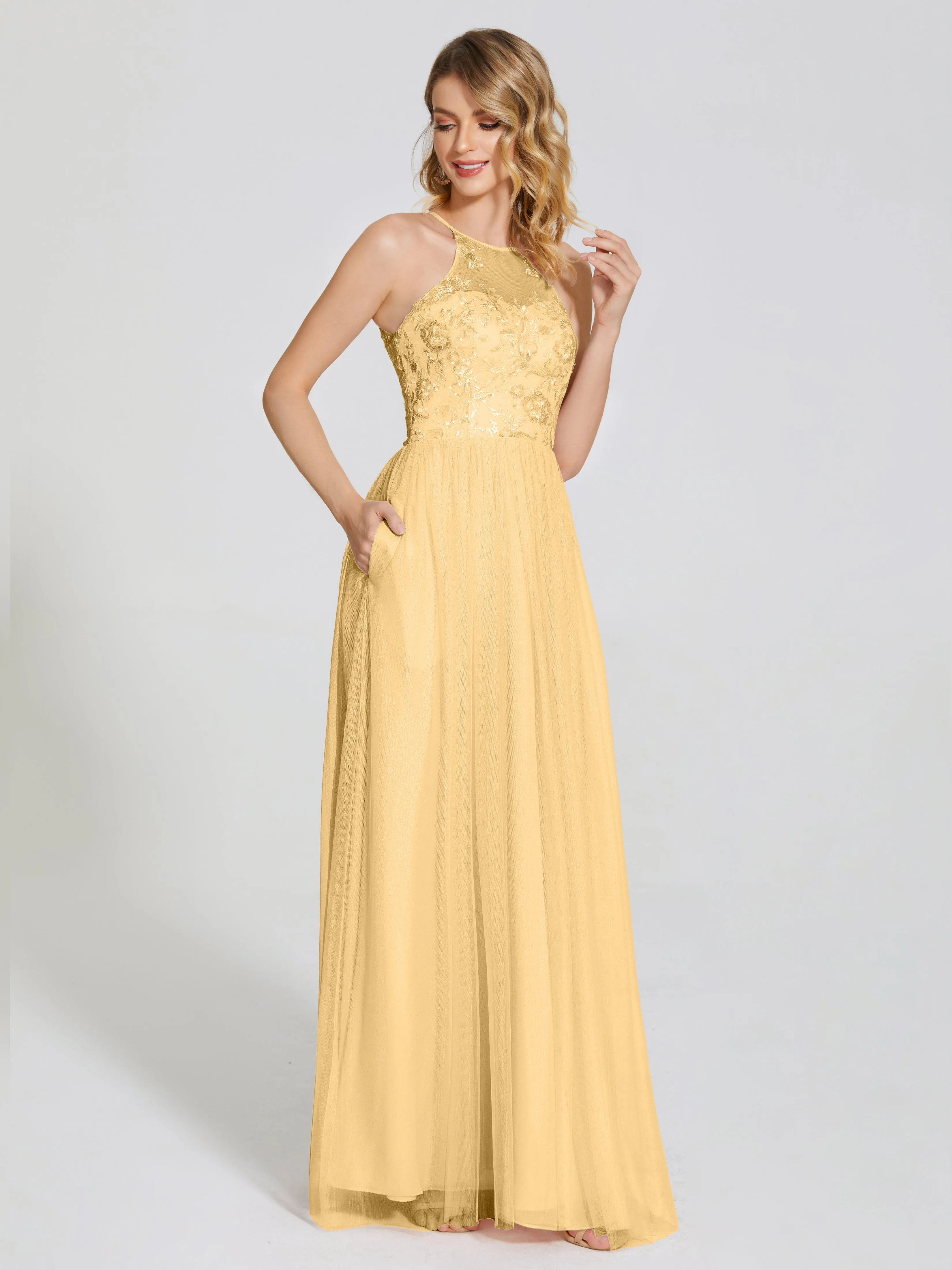 Destiny Halter Embroidered Tulle Bridesmaid Dresses