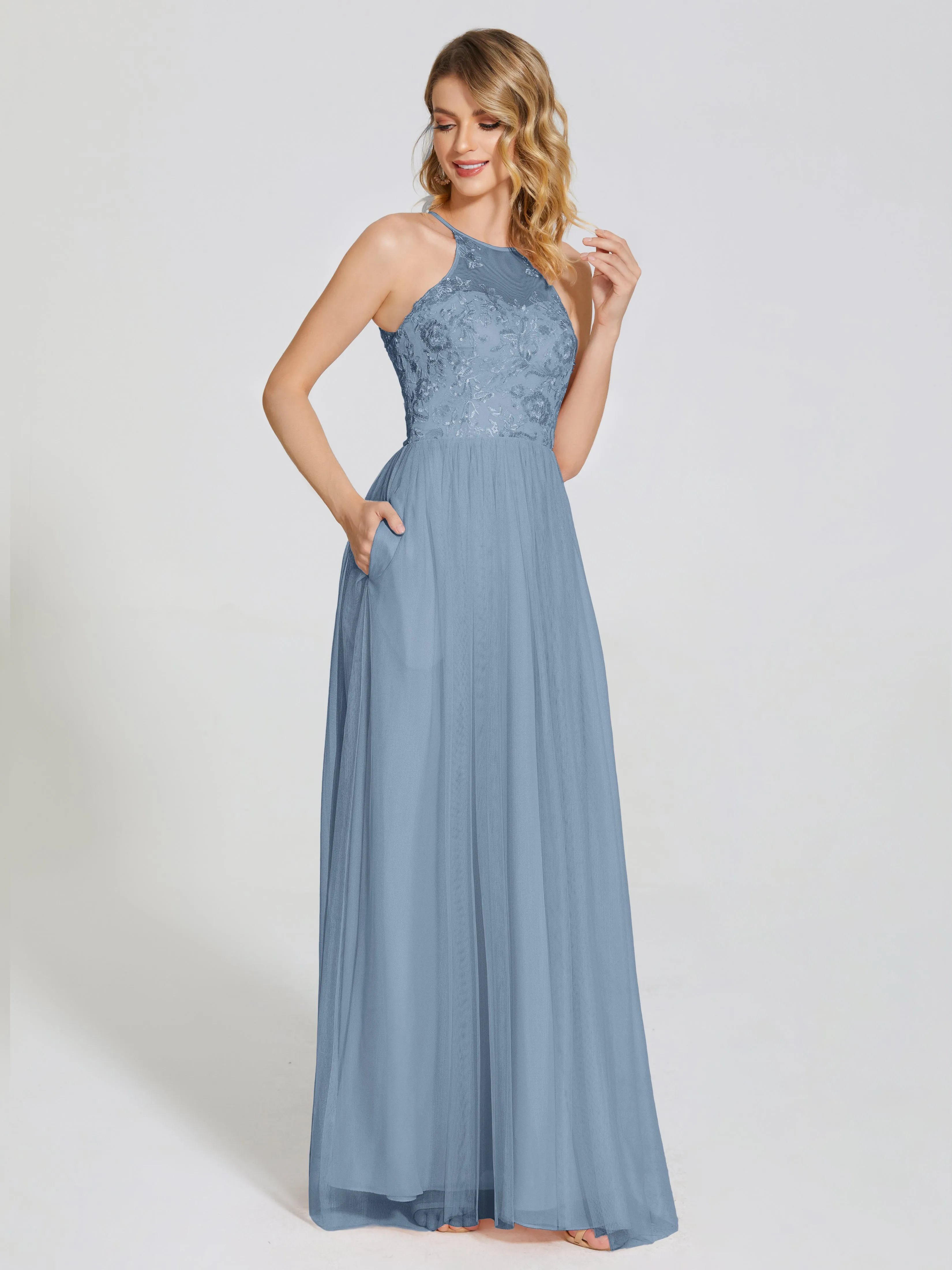 Destiny Halter Embroidered Tulle Bridesmaid Dresses