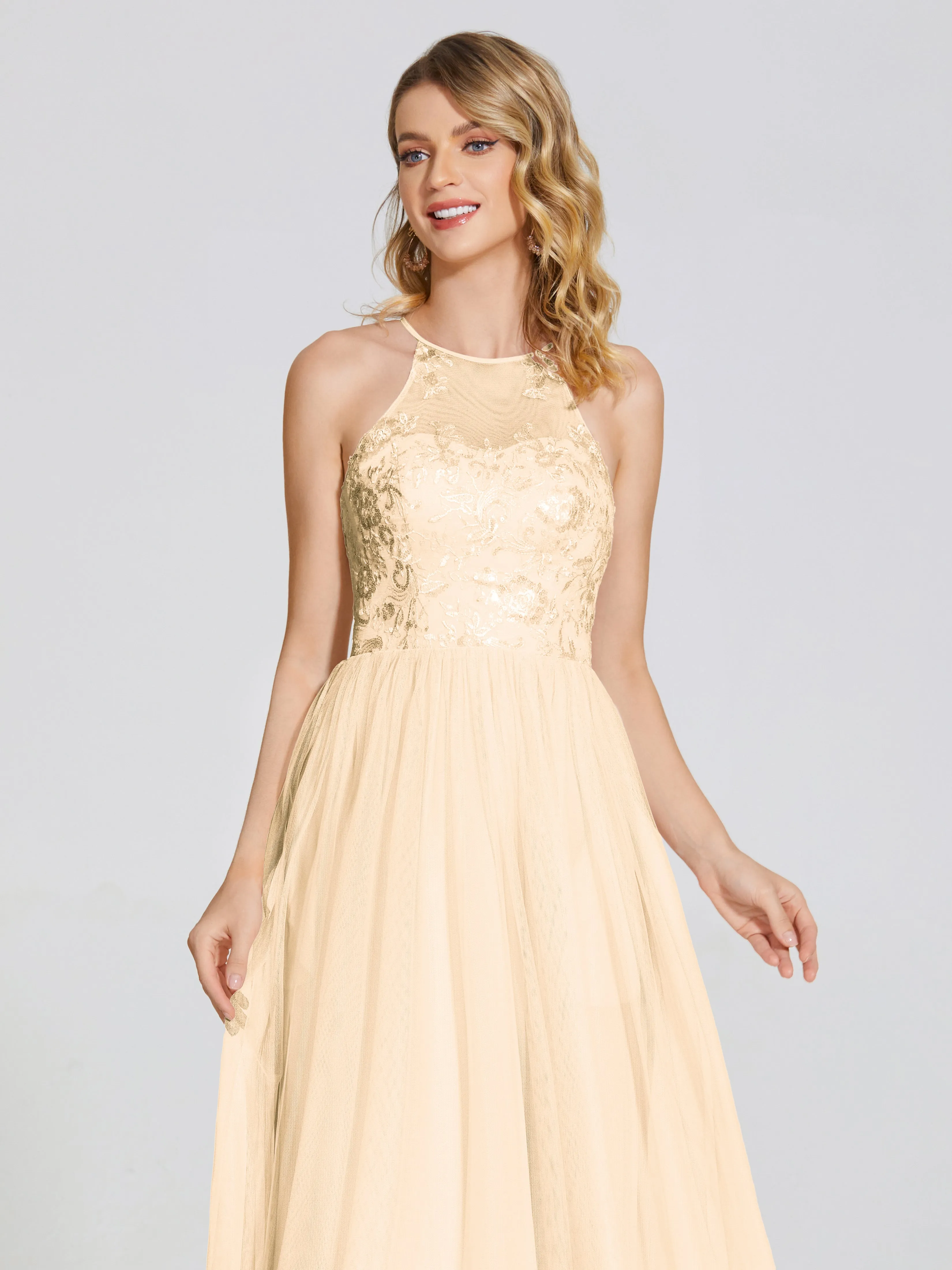 Destiny Halter Embroidered Tulle Bridesmaid Dresses