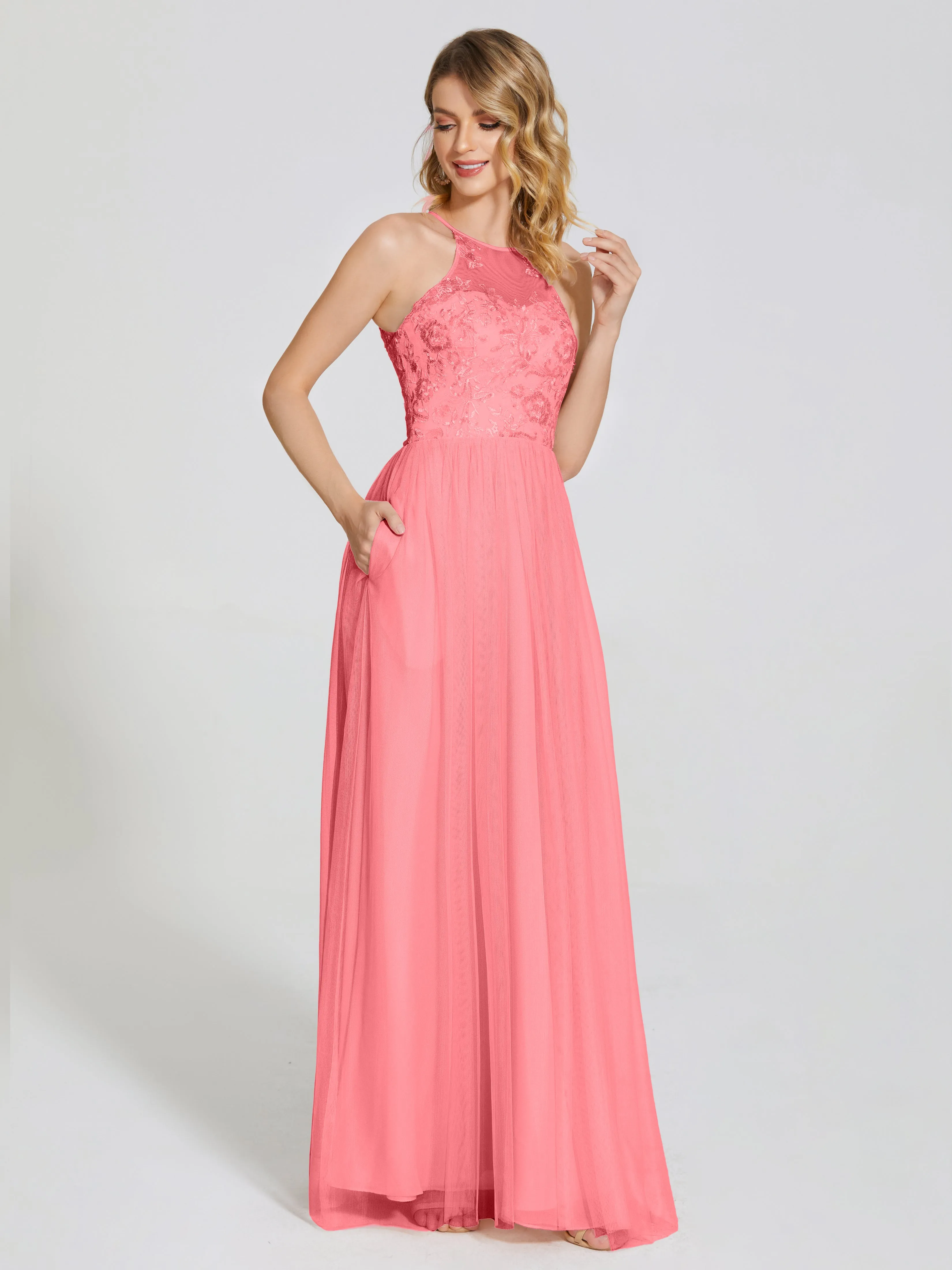 Destiny Halter Embroidered Tulle Bridesmaid Dresses