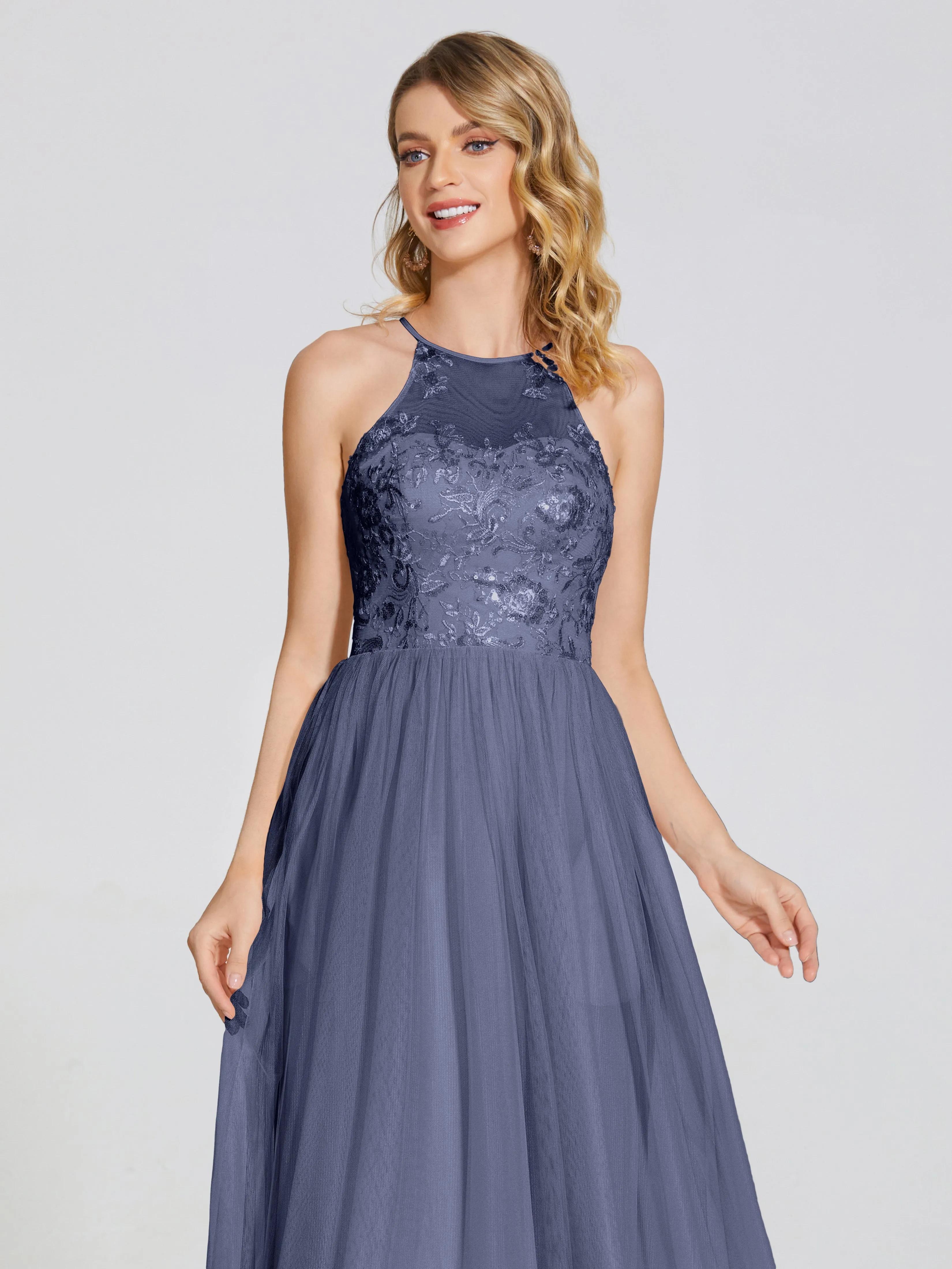 Destiny Halter Embroidered Tulle Bridesmaid Dresses
