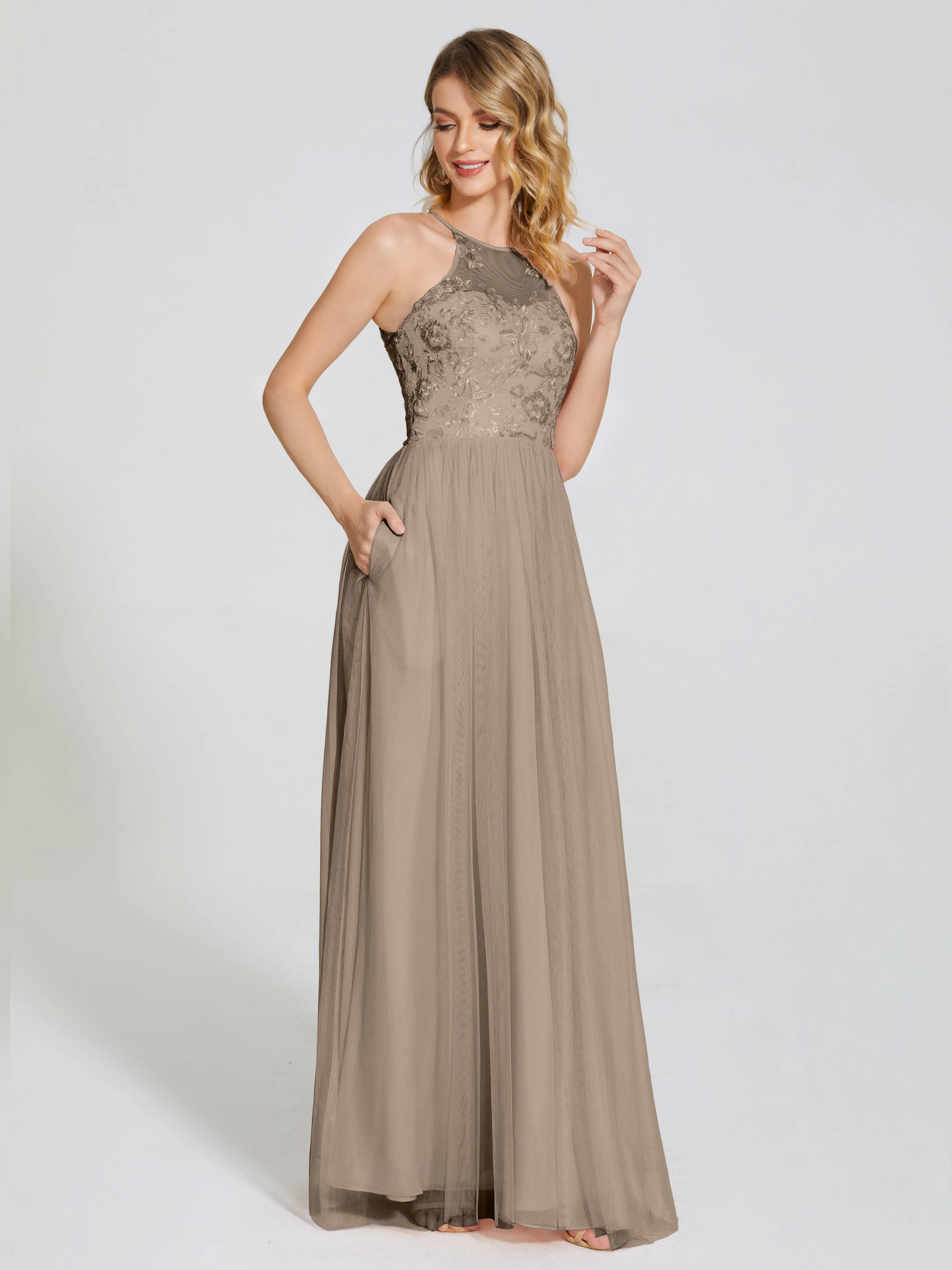 Destiny Halter Embroidered Tulle Bridesmaid Dresses