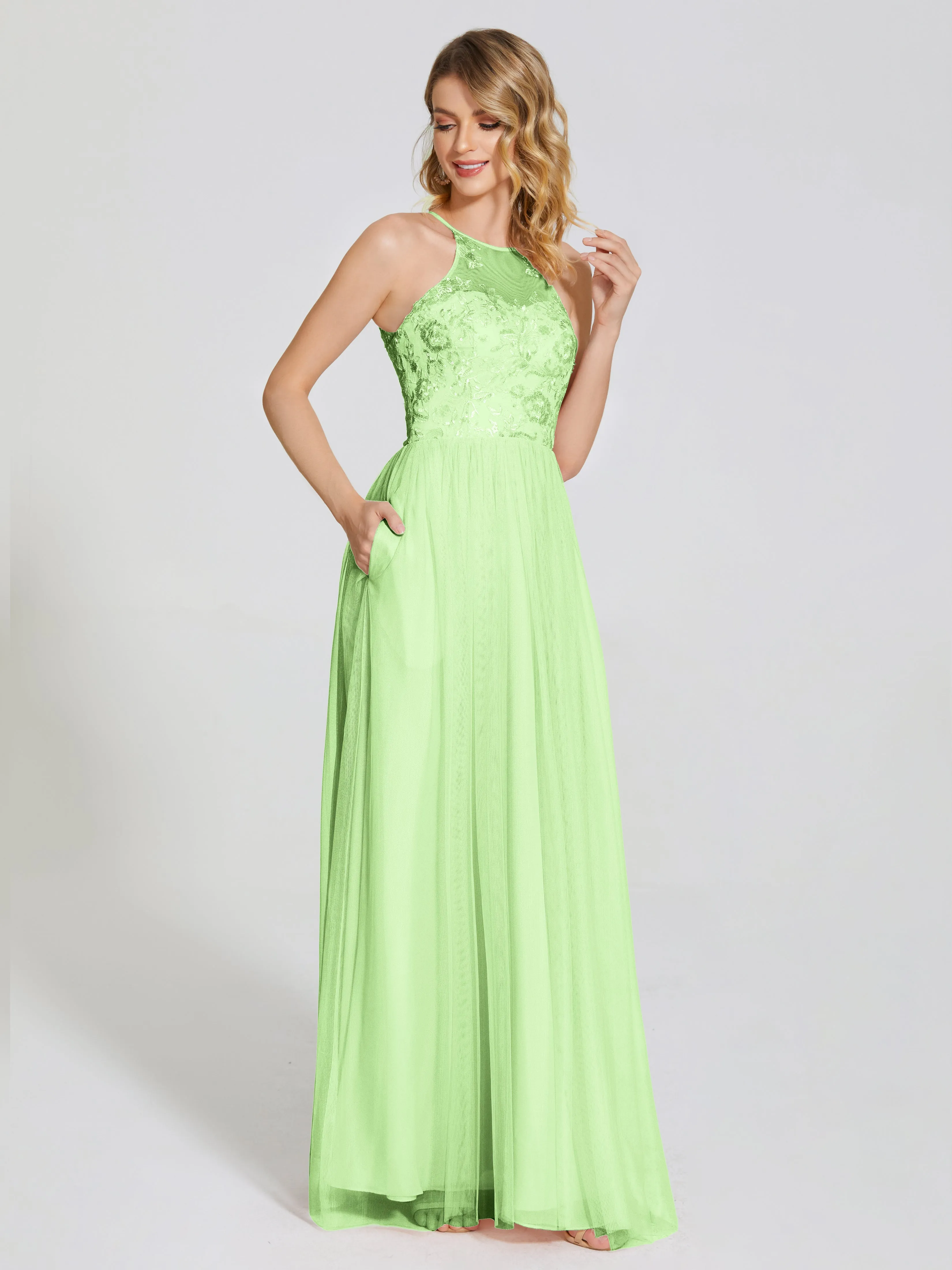 Destiny Halter Embroidered Tulle Bridesmaid Dresses