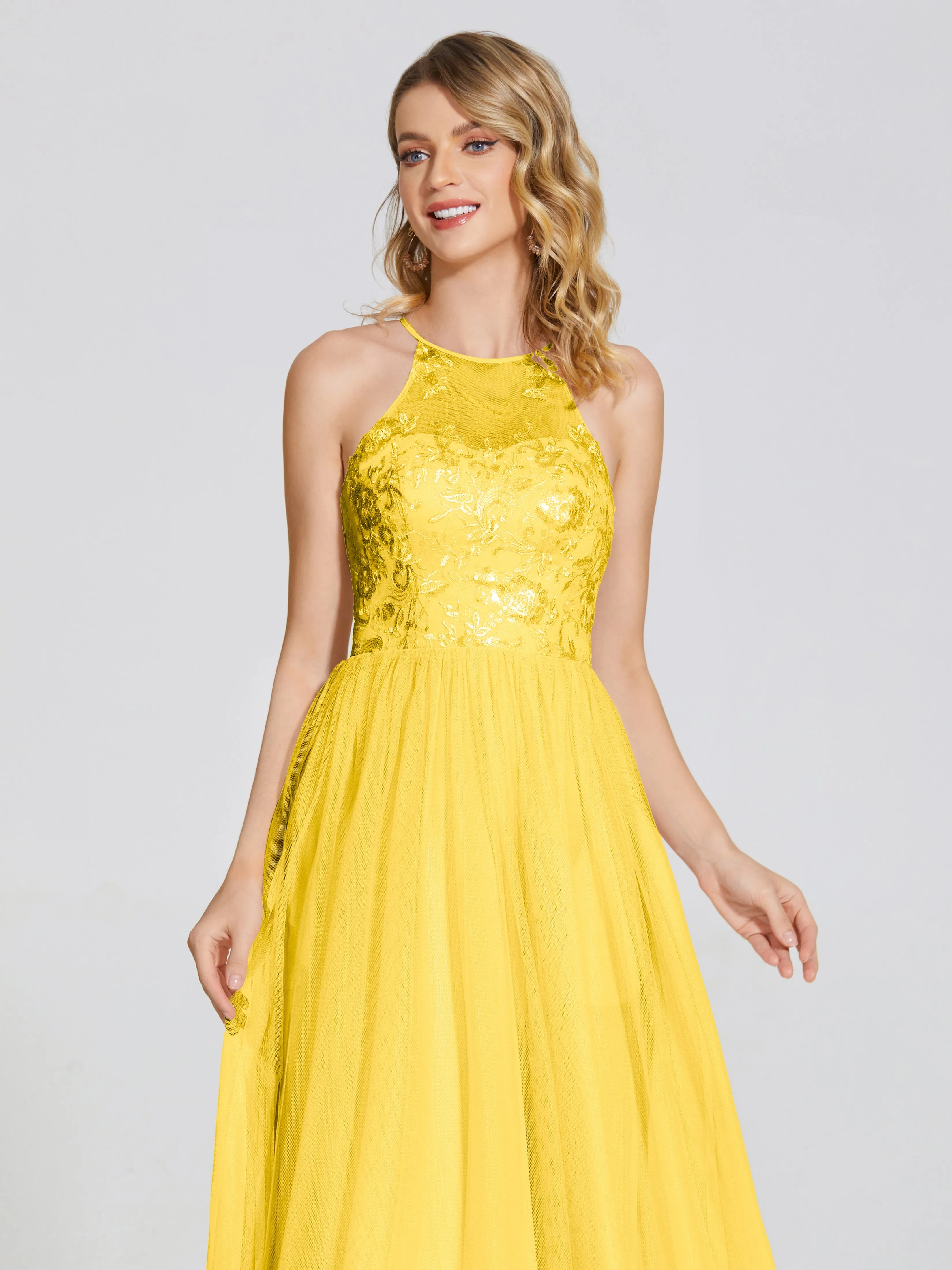 Destiny Halter Embroidered Tulle Bridesmaid Dresses