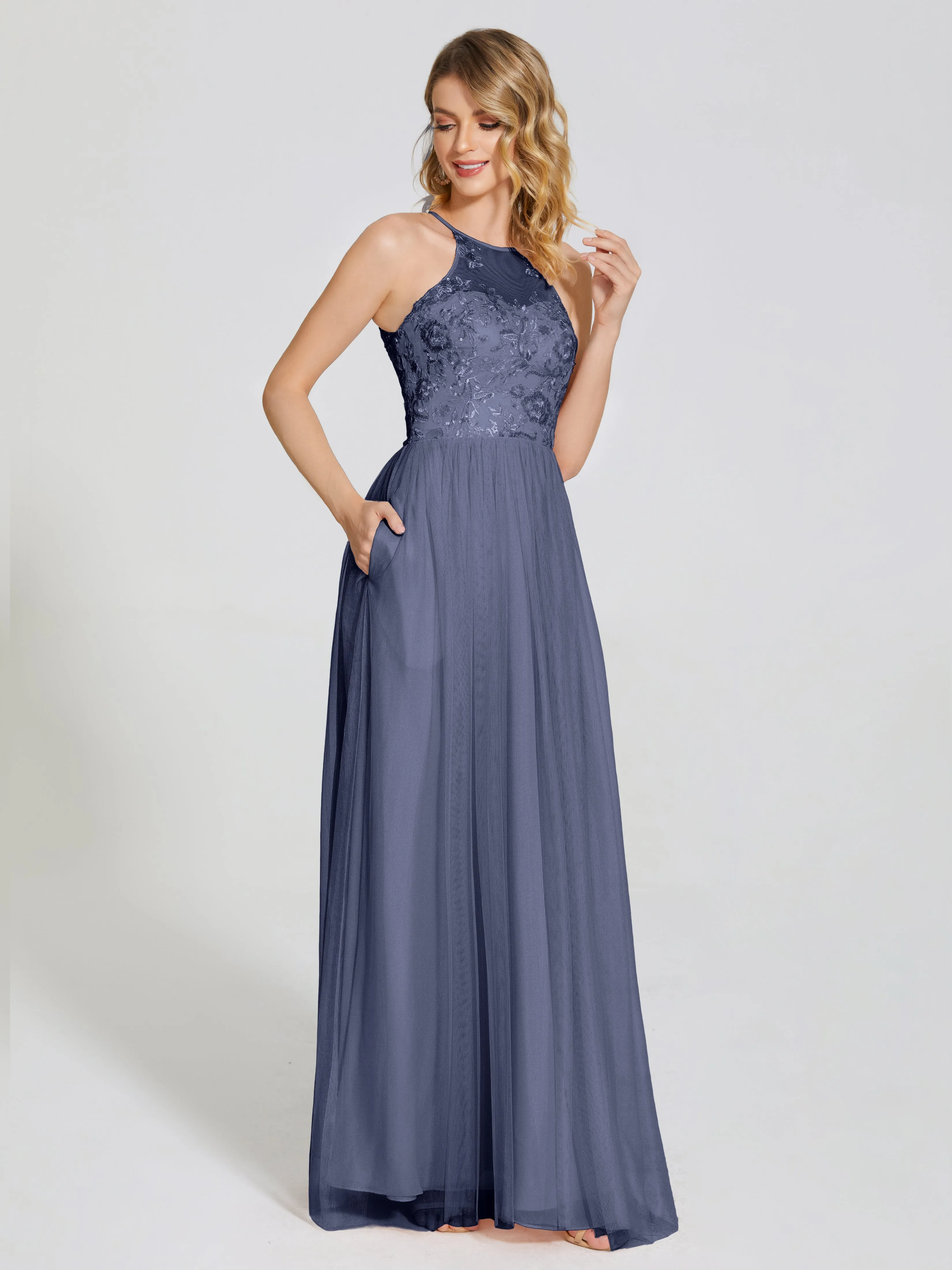 Destiny Halter Embroidered Tulle Bridesmaid Dresses