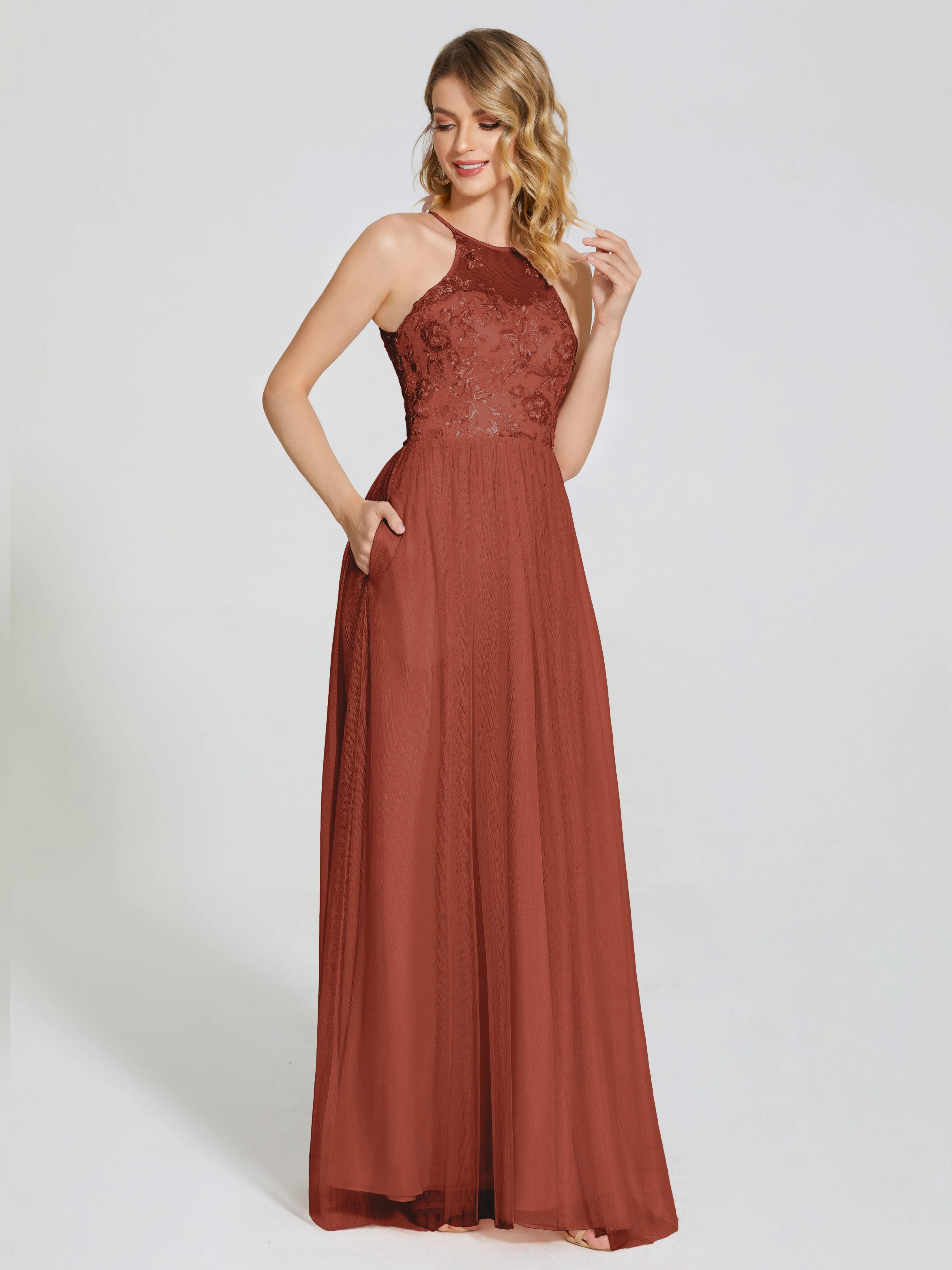 Destiny Halter Embroidered Tulle Bridesmaid Dresses