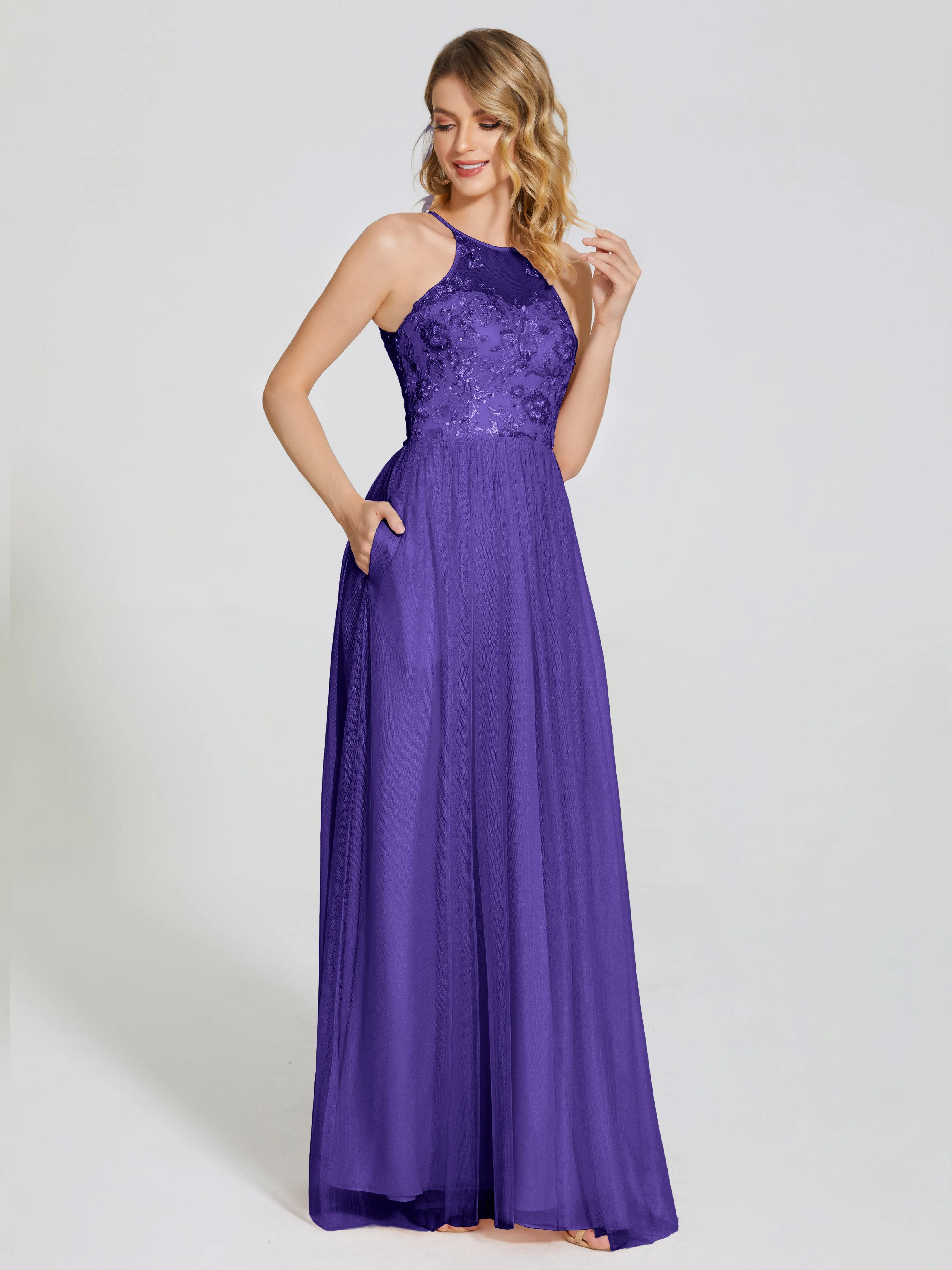 Destiny Halter Embroidered Tulle Bridesmaid Dresses