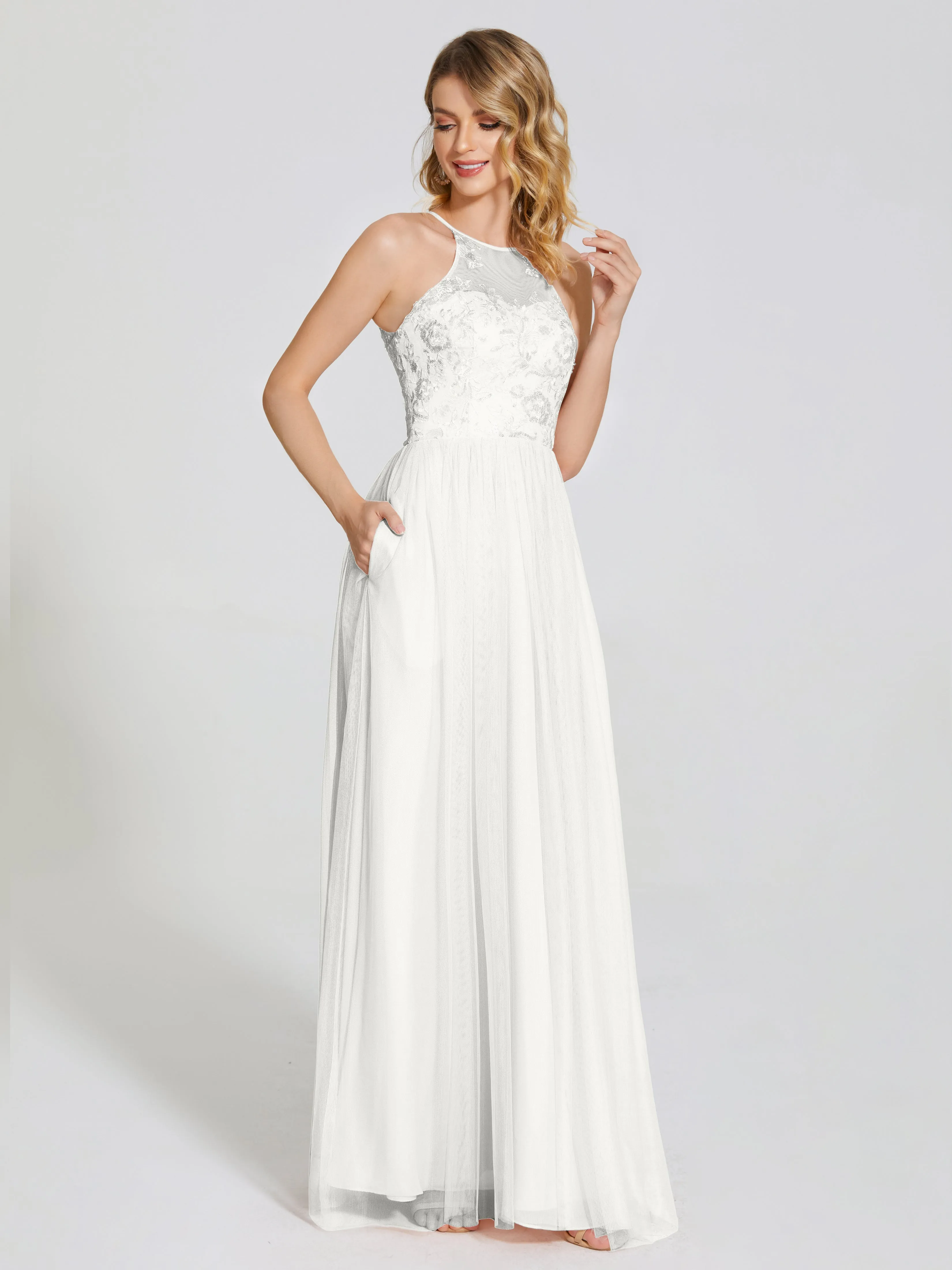 Destiny Halter Embroidered Tulle Bridesmaid Dresses