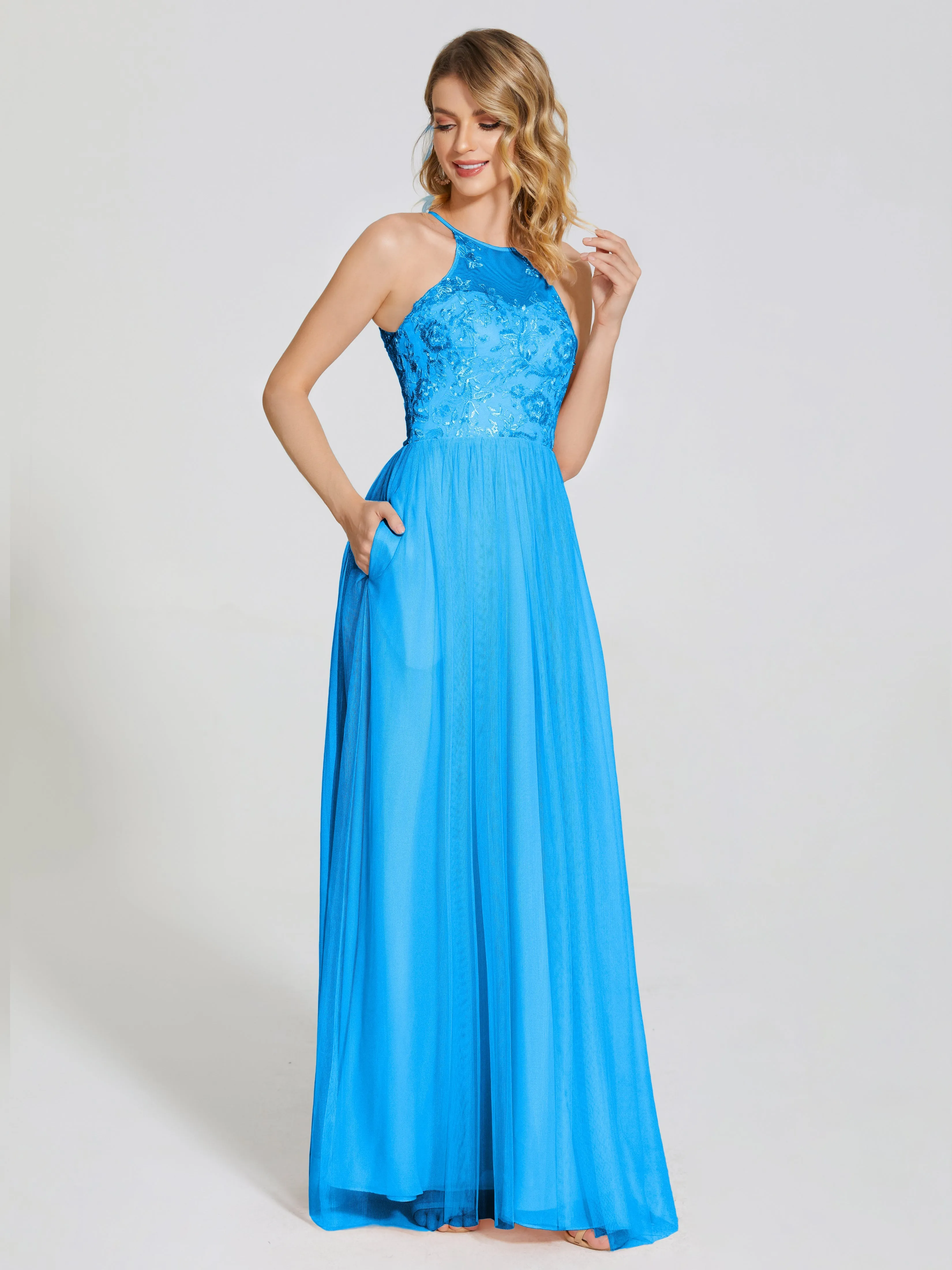 Destiny Halter Embroidered Tulle Bridesmaid Dresses
