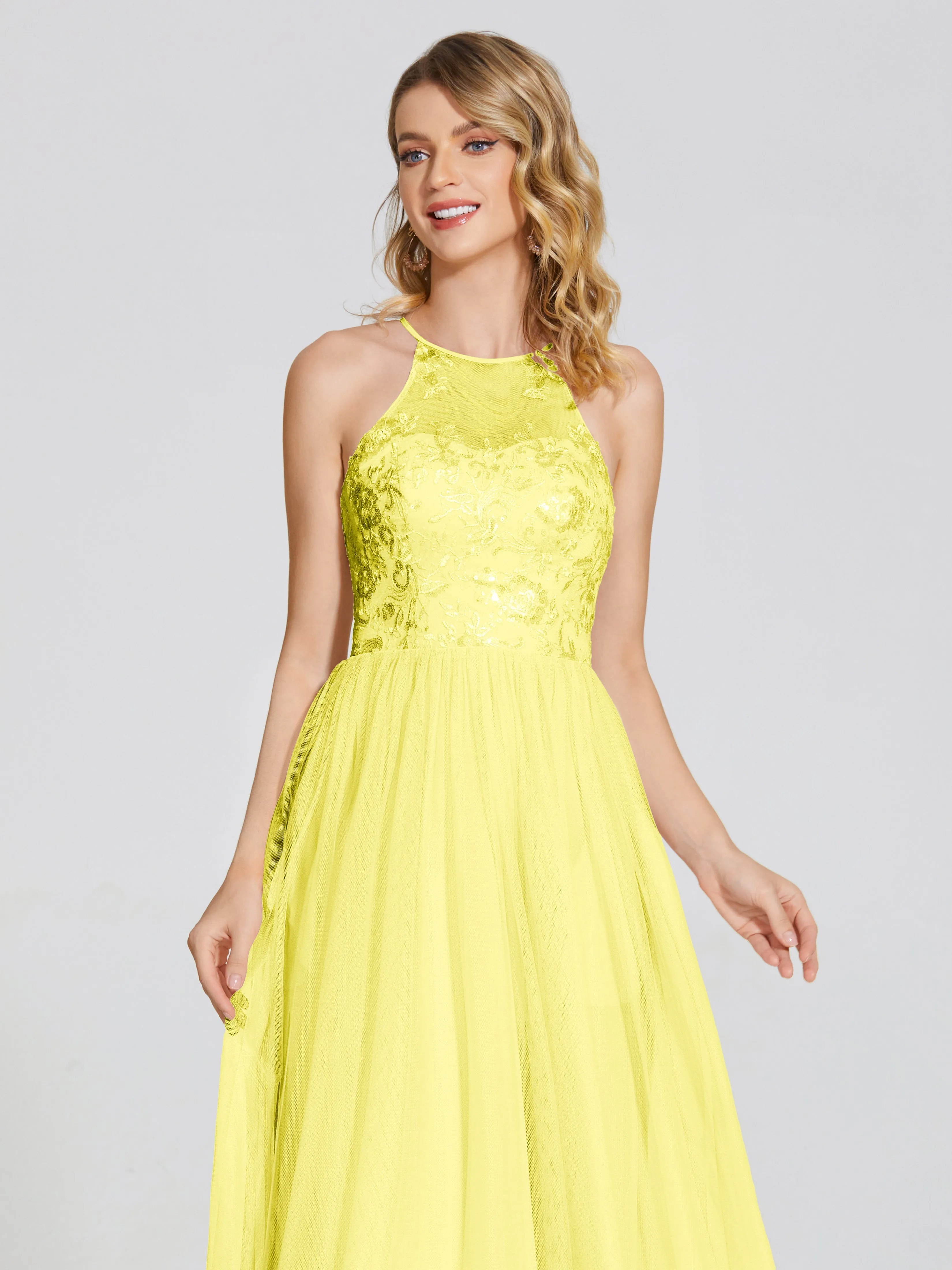 Destiny Halter Embroidered Tulle Bridesmaid Dresses