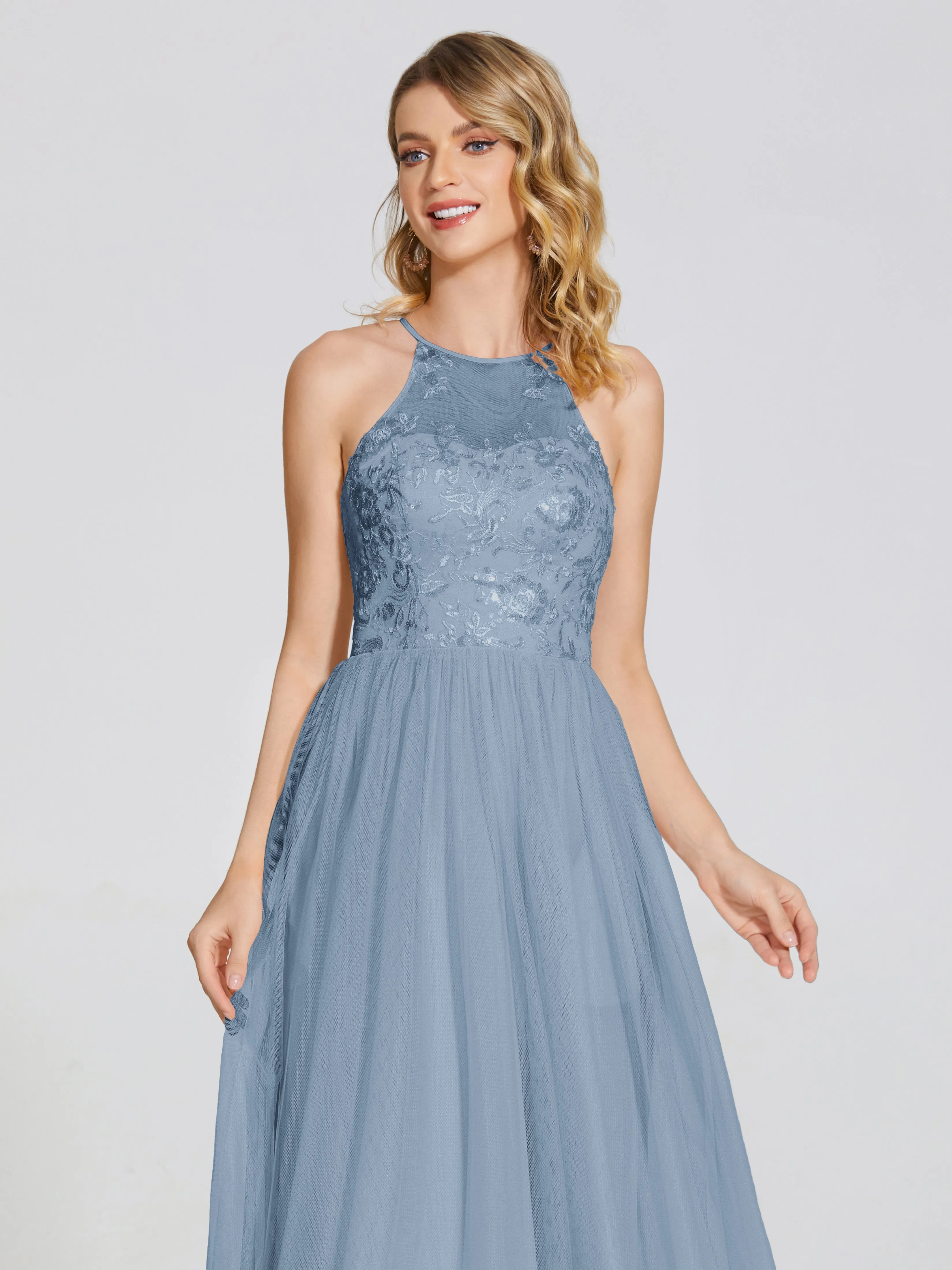 Destiny Halter Embroidered Tulle Bridesmaid Dresses