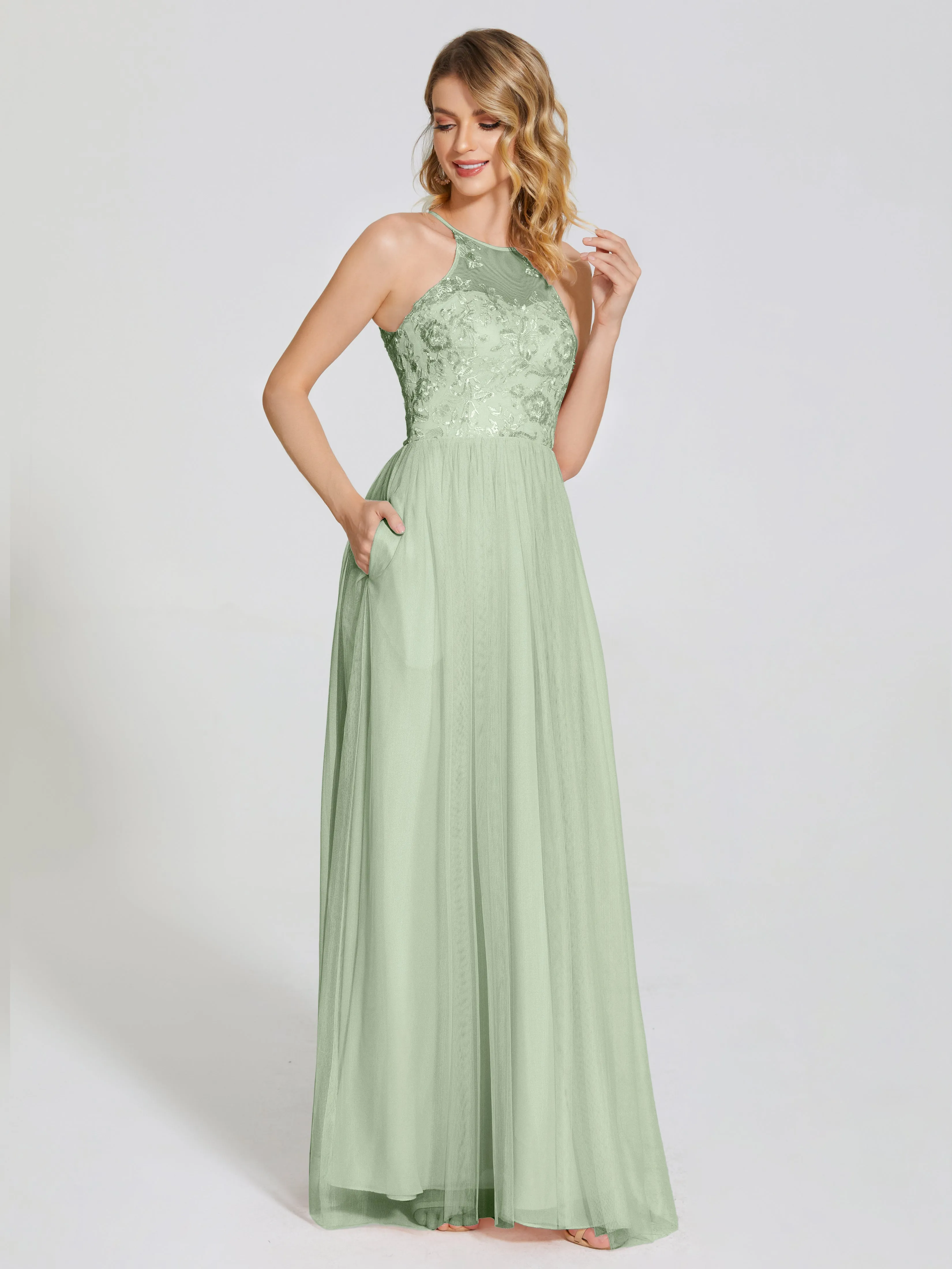 Destiny Halter Embroidered Tulle Bridesmaid Dresses