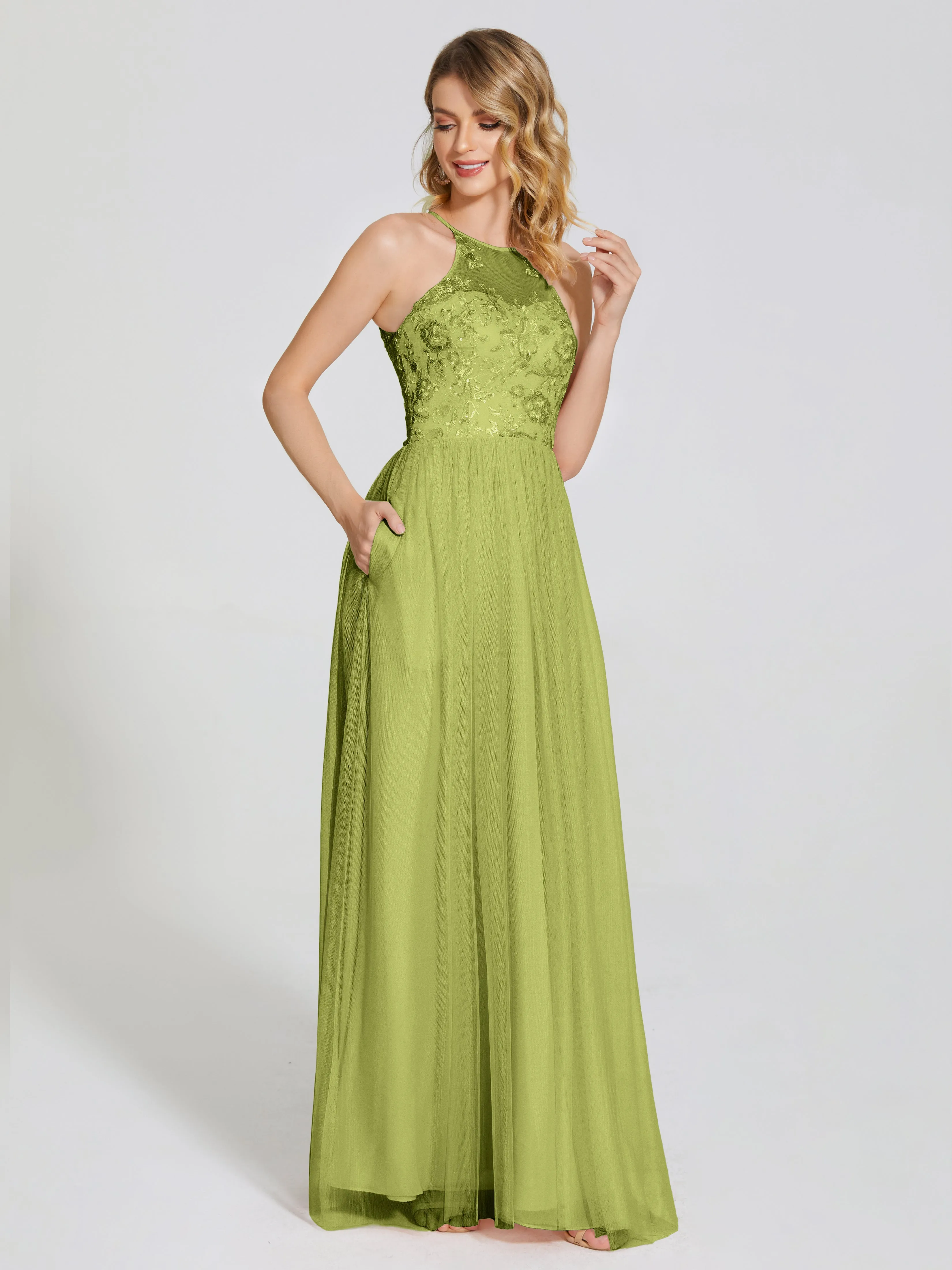 Destiny Halter Embroidered Tulle Bridesmaid Dresses