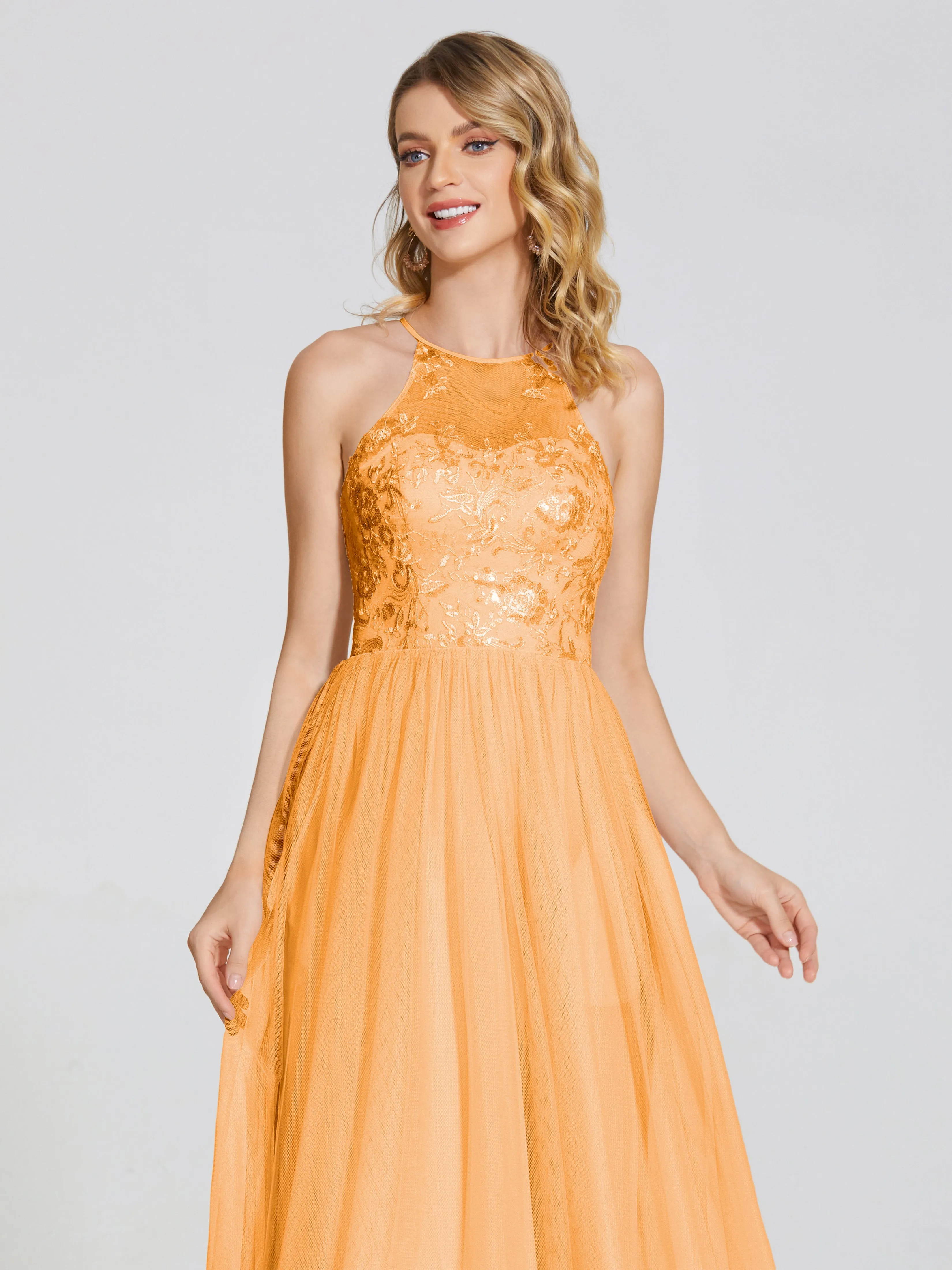 Destiny Halter Embroidered Tulle Bridesmaid Dresses