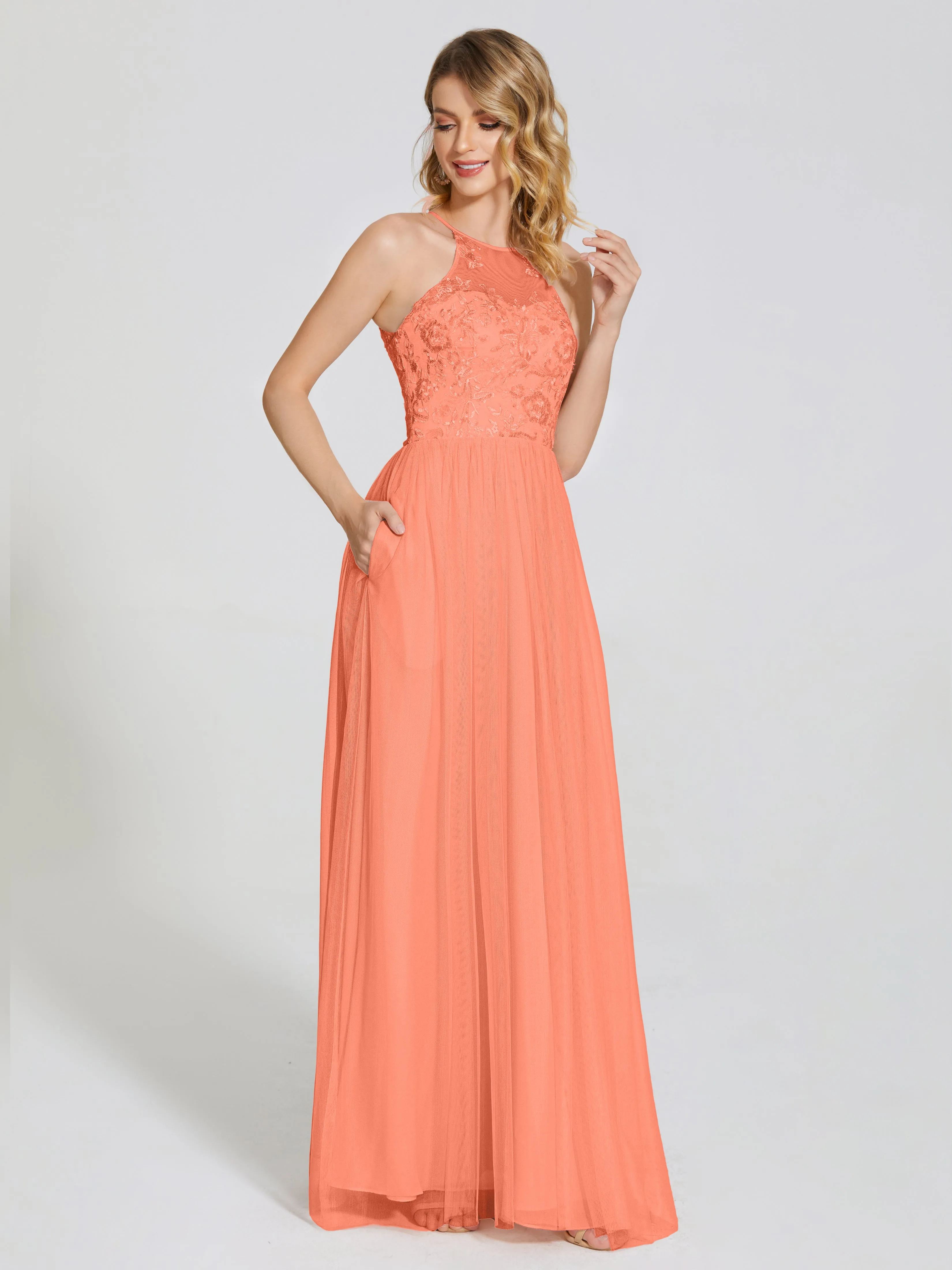 Destiny Halter Embroidered Tulle Bridesmaid Dresses