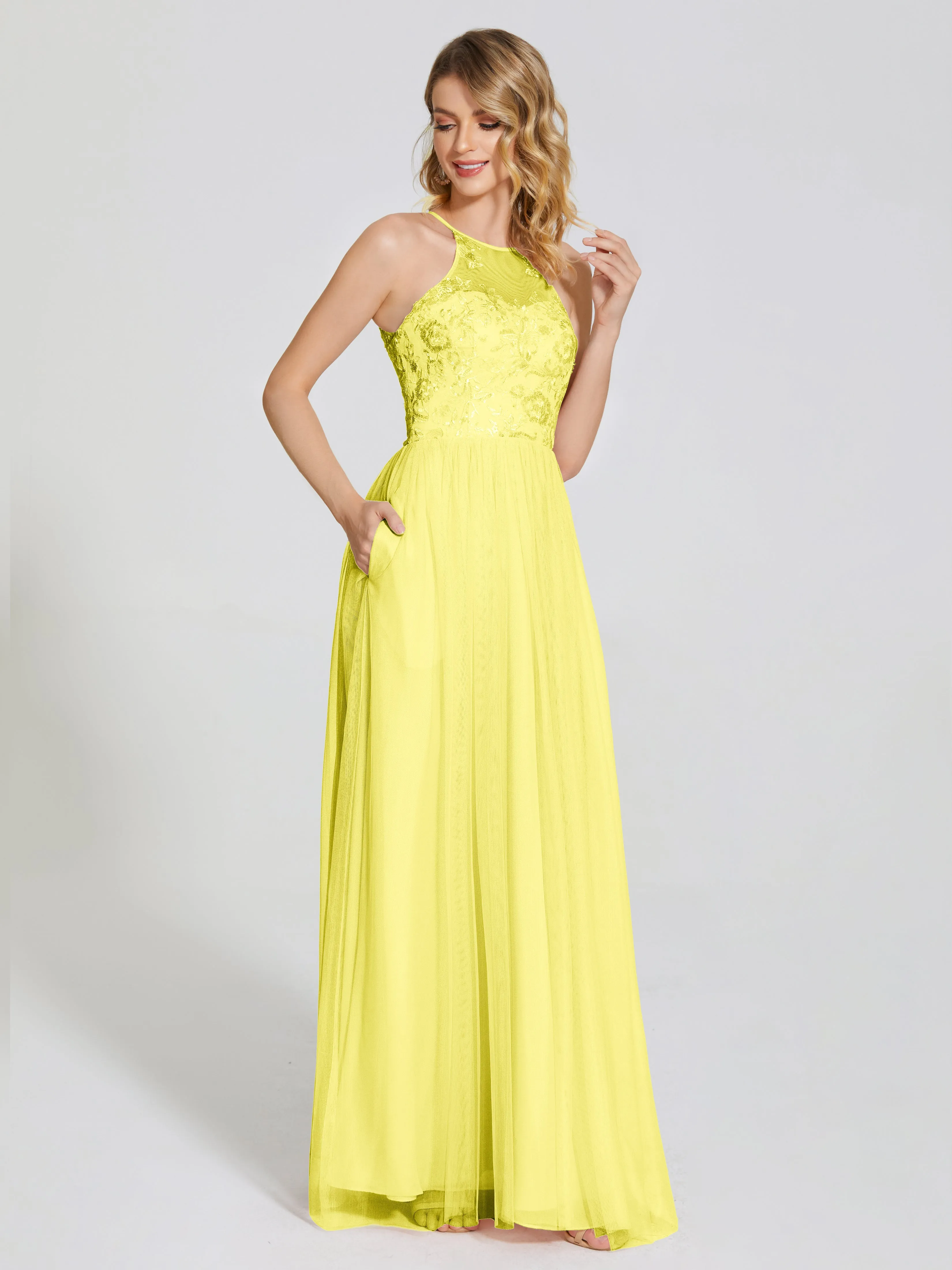 Destiny Halter Embroidered Tulle Bridesmaid Dresses