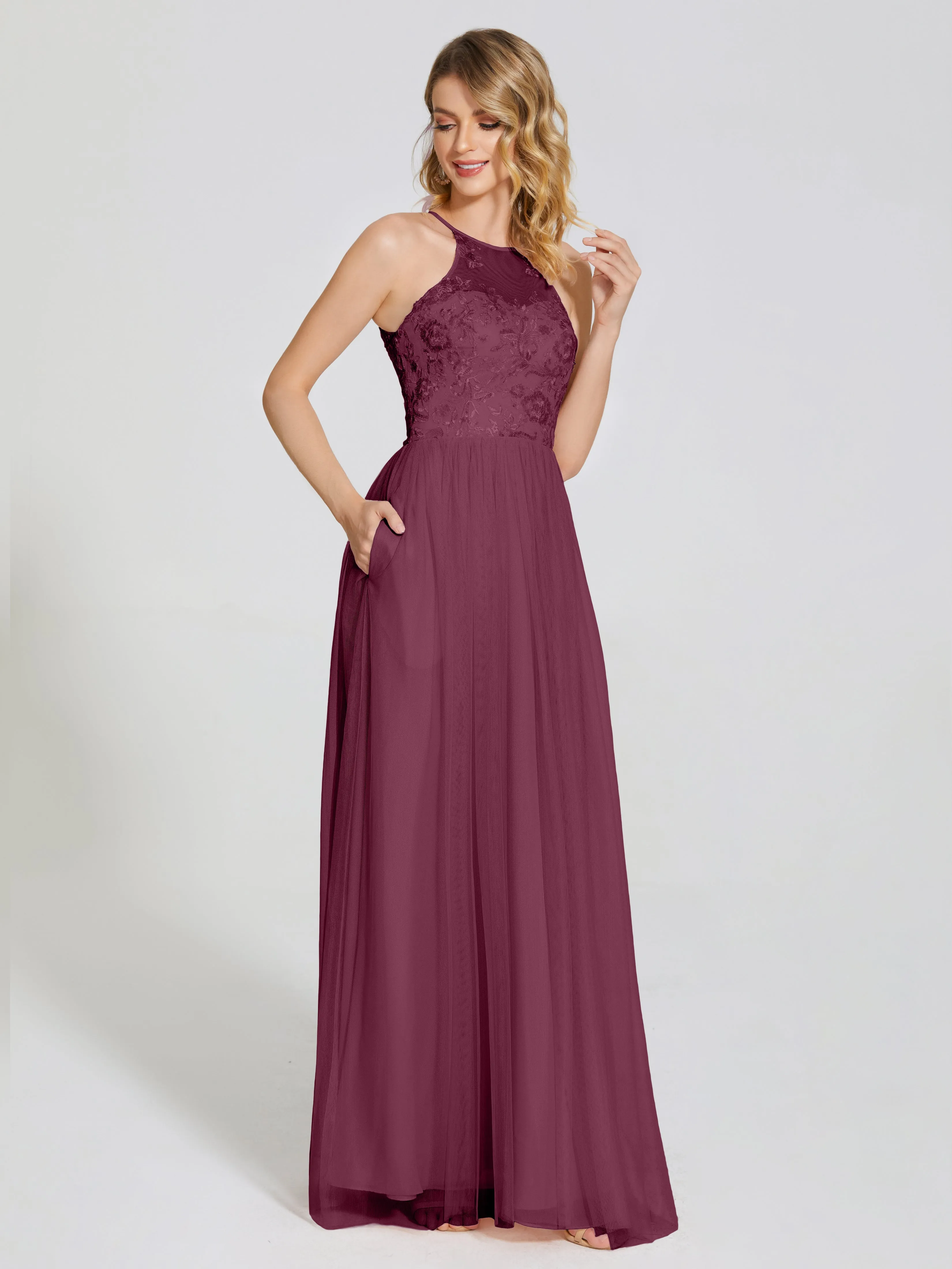 Destiny Halter Embroidered Tulle Bridesmaid Dresses