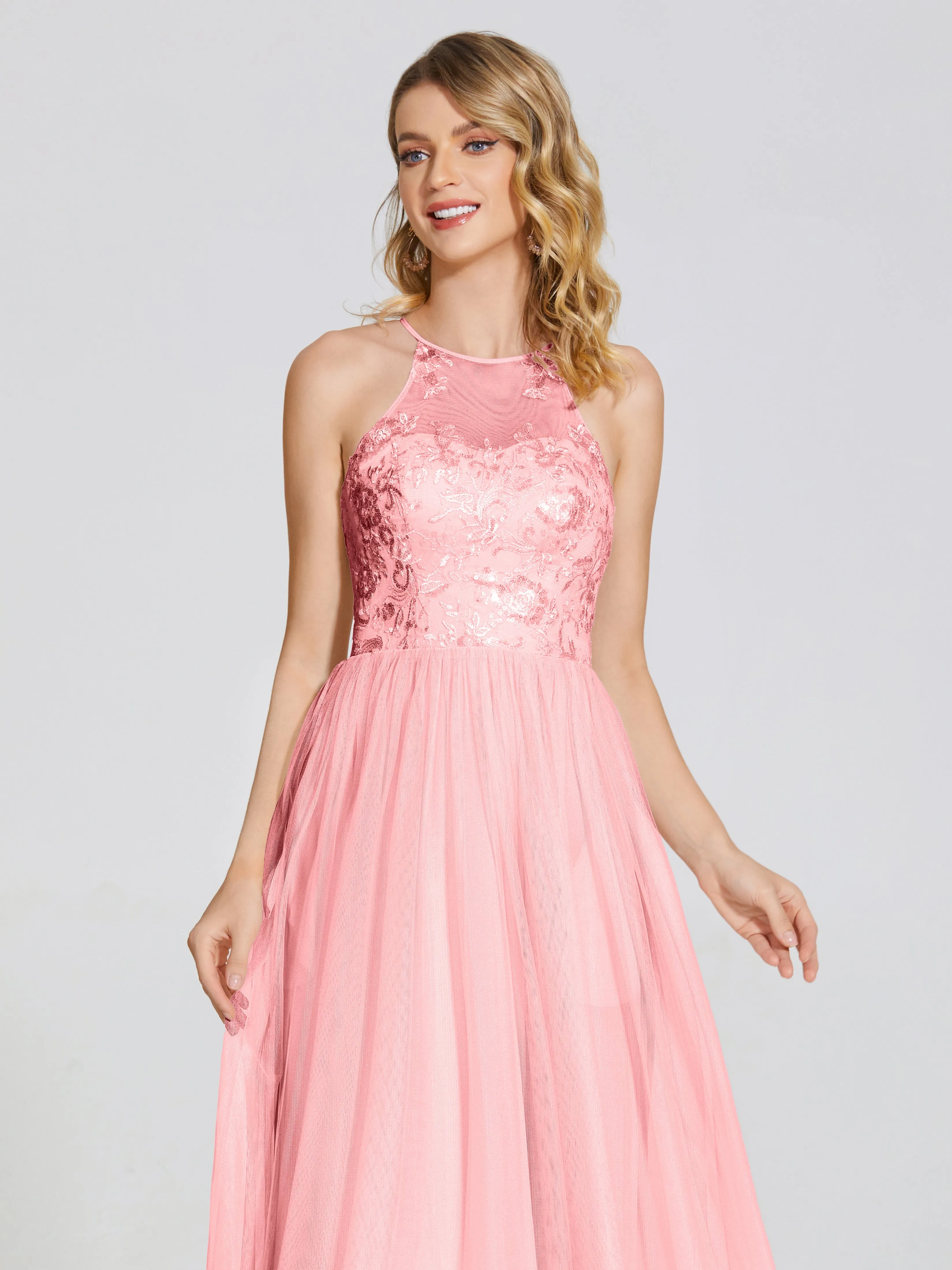 Destiny Halter Embroidered Tulle Bridesmaid Dresses