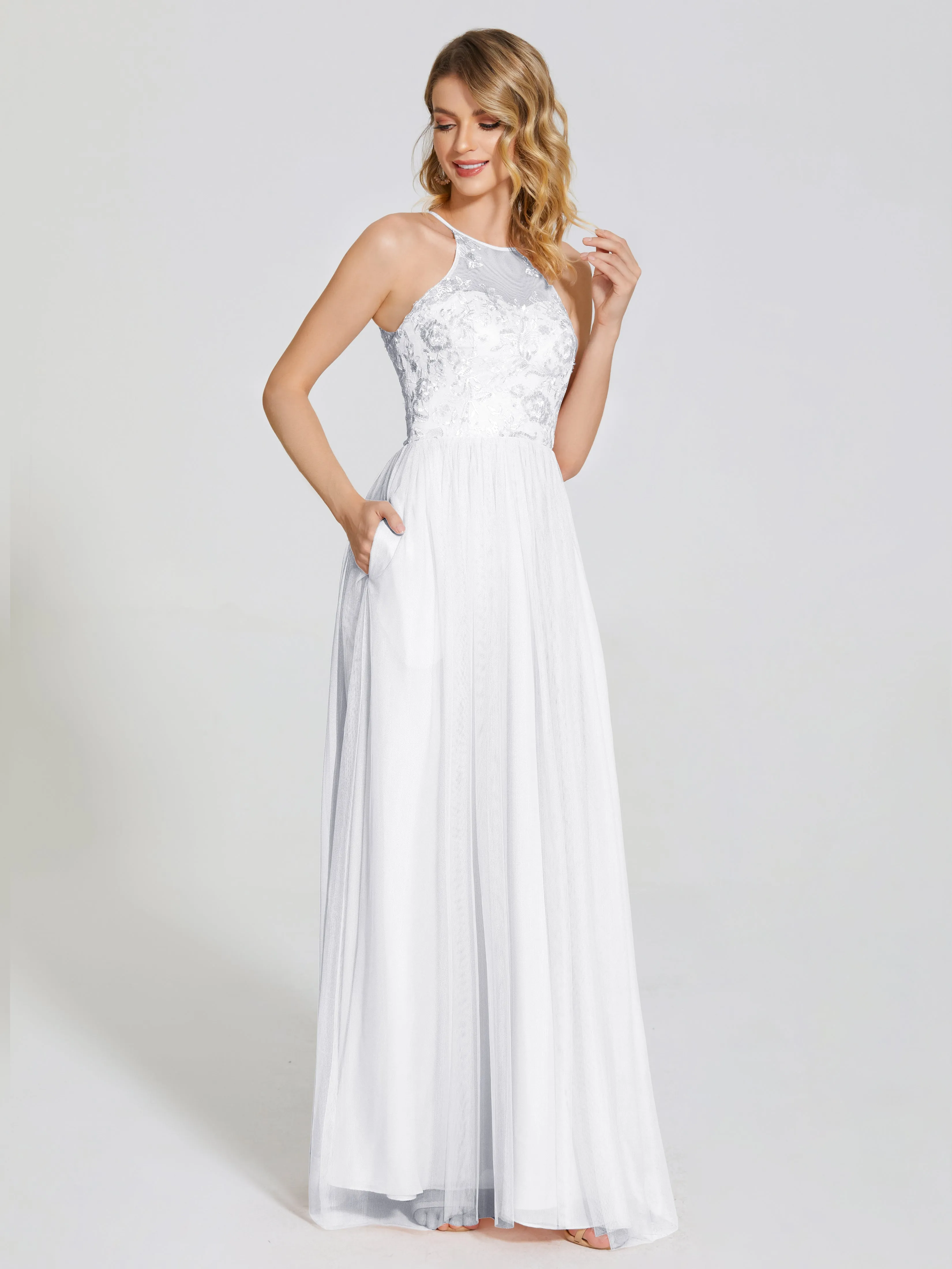 Destiny Halter Embroidered Tulle Bridesmaid Dresses