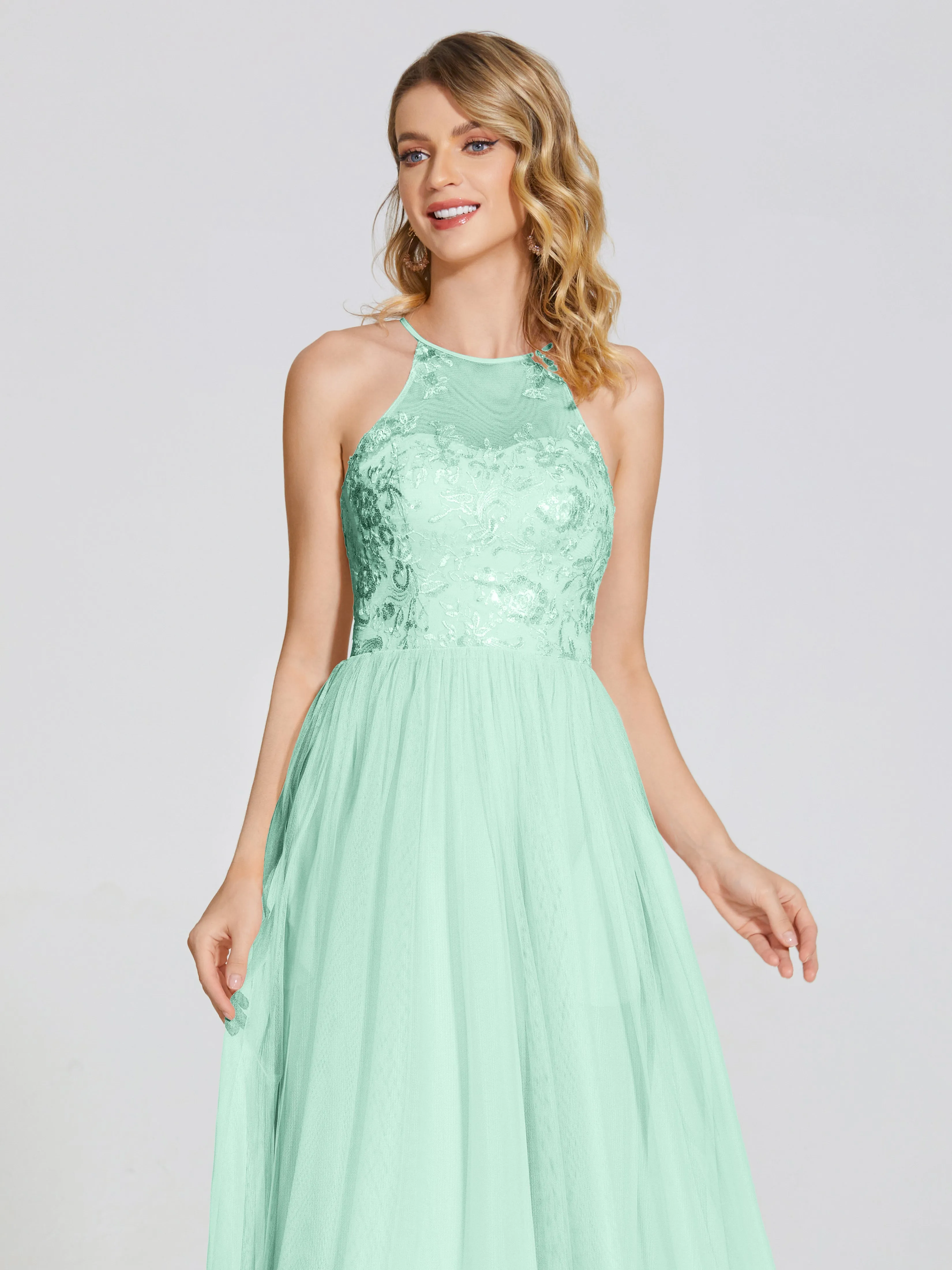 Destiny Halter Embroidered Tulle Bridesmaid Dresses