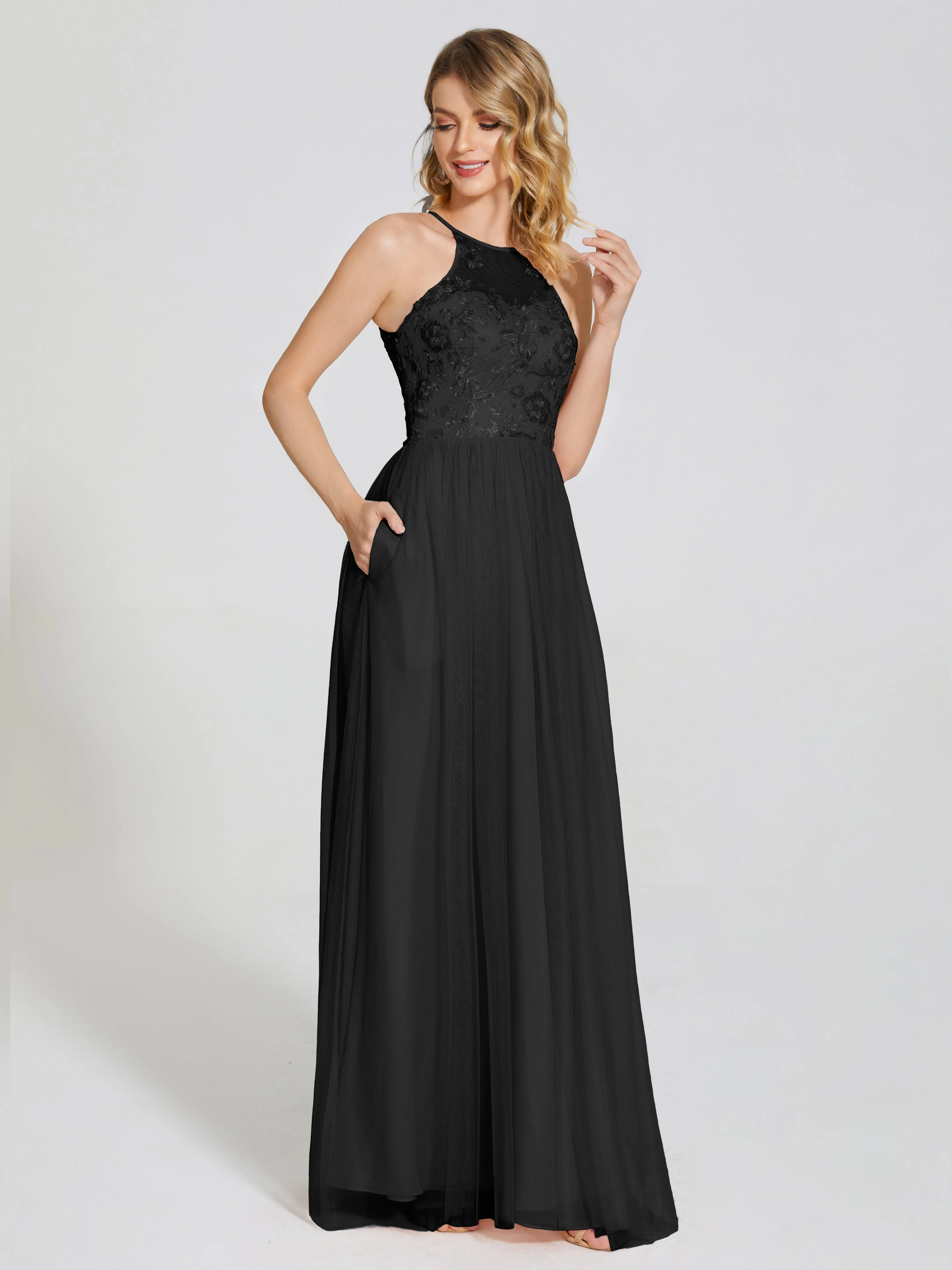 Destiny Halter Embroidered Tulle Bridesmaid Dresses