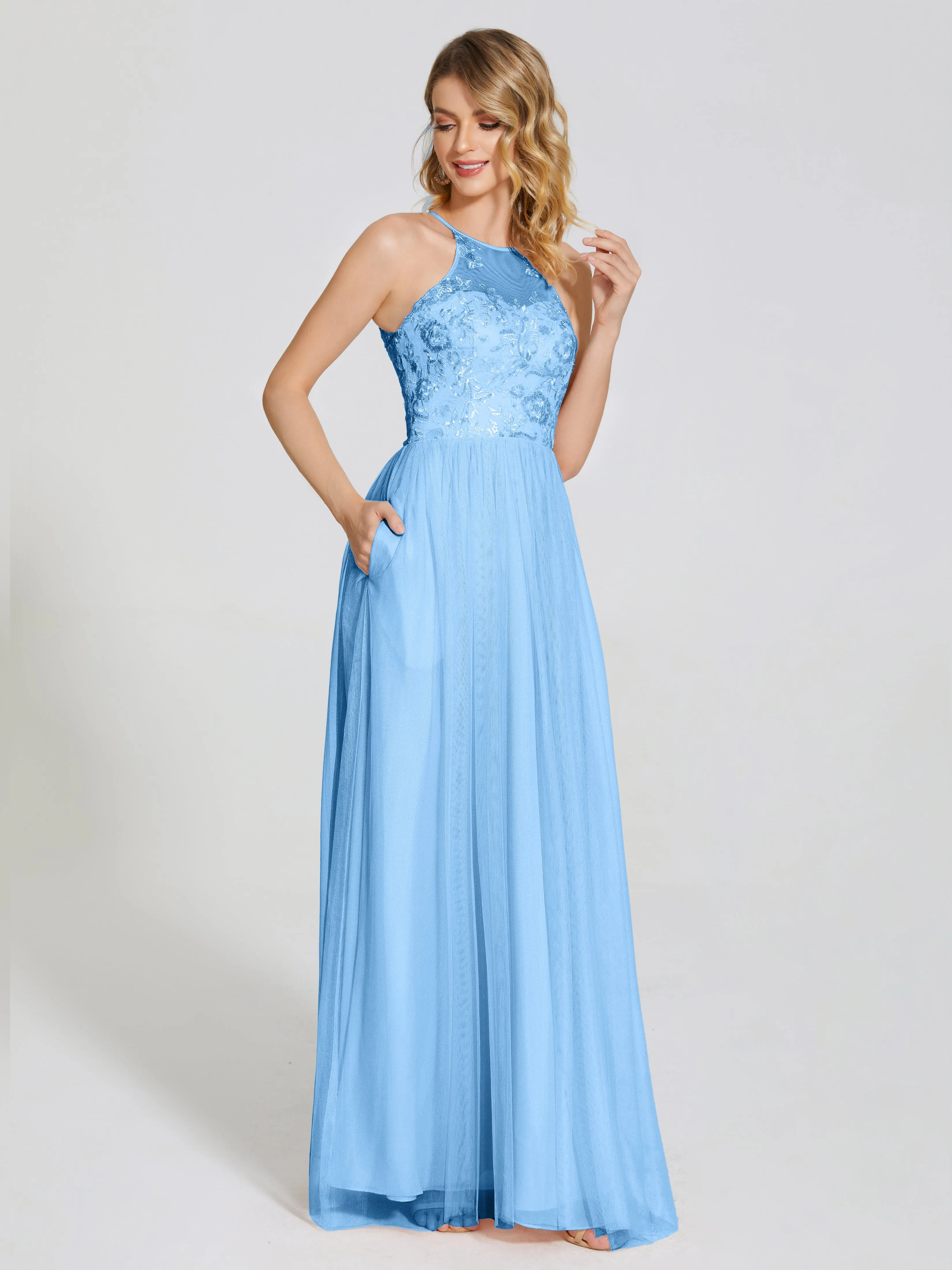 Destiny Halter Embroidered Tulle Bridesmaid Dresses