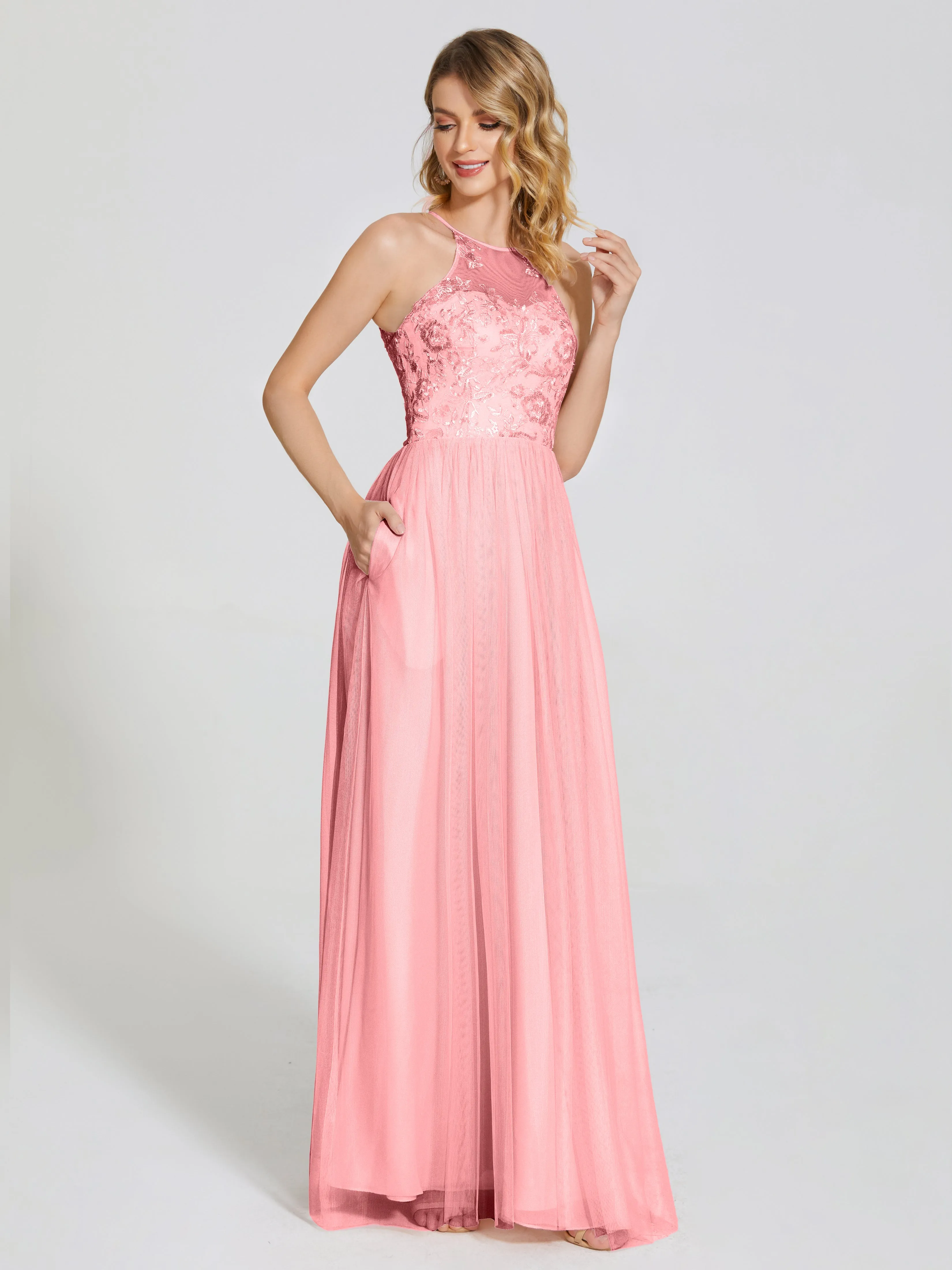 Destiny Halter Embroidered Tulle Bridesmaid Dresses