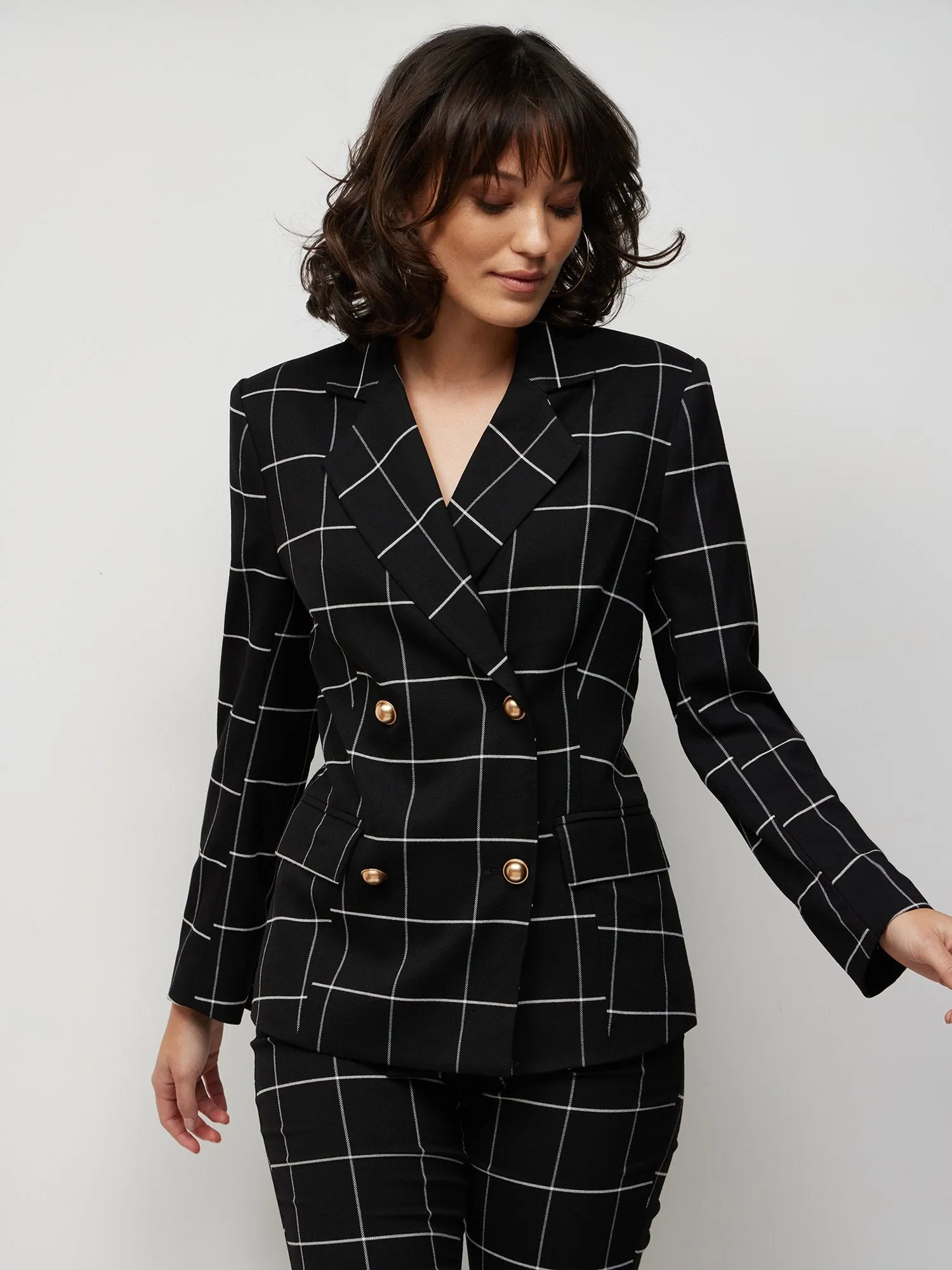 Double-Breasted Windowpane-Print Blazer