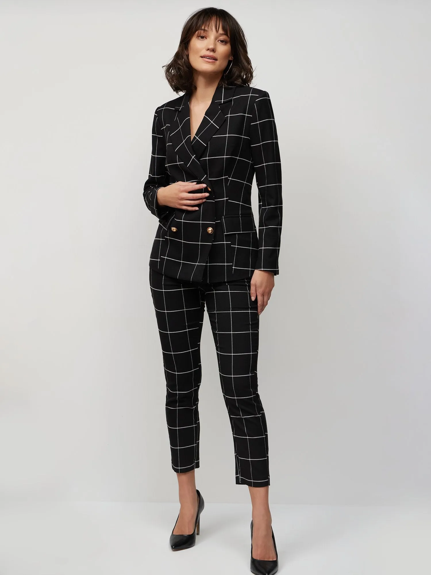 Double-Breasted Windowpane-Print Blazer