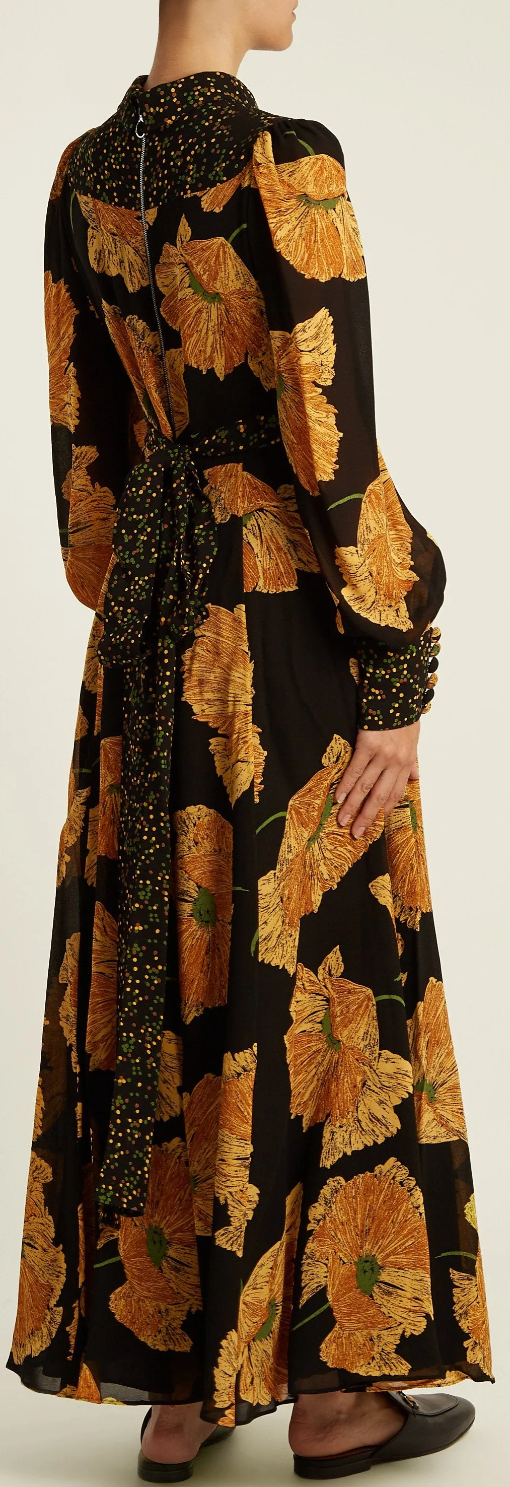Dragon-Embroidered Poppy-Print Crepe Dress