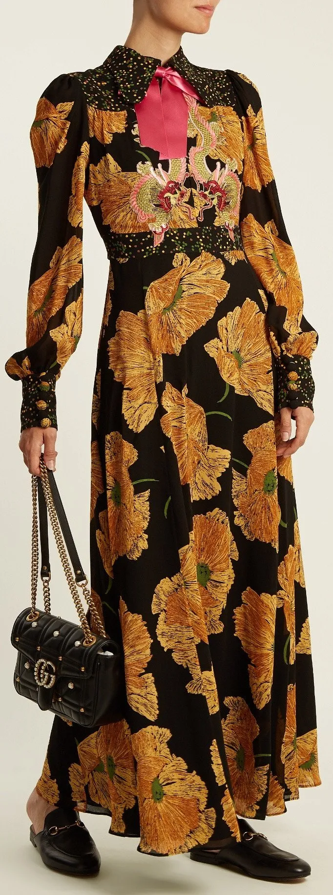 Dragon-Embroidered Poppy-Print Crepe Dress