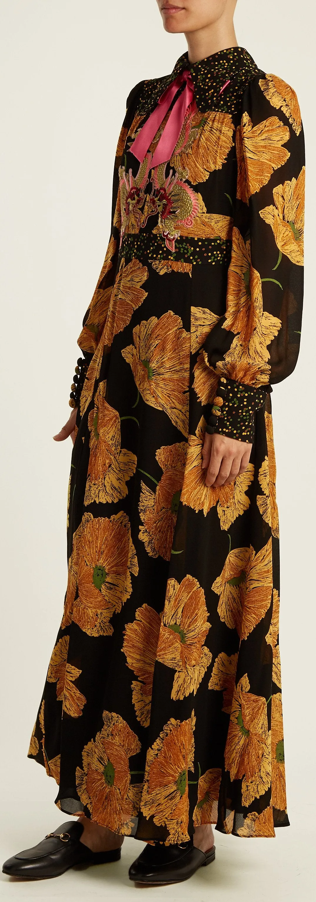 Dragon-Embroidered Poppy-Print Crepe Dress