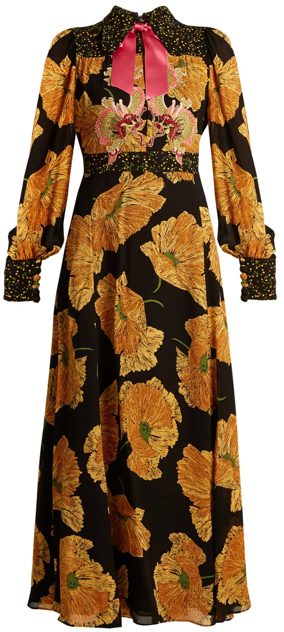 Dragon-Embroidered Poppy-Print Crepe Dress
