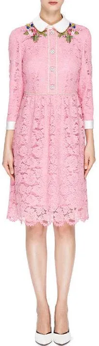 Embroidered Lace Crystal-Button Dress, Pink