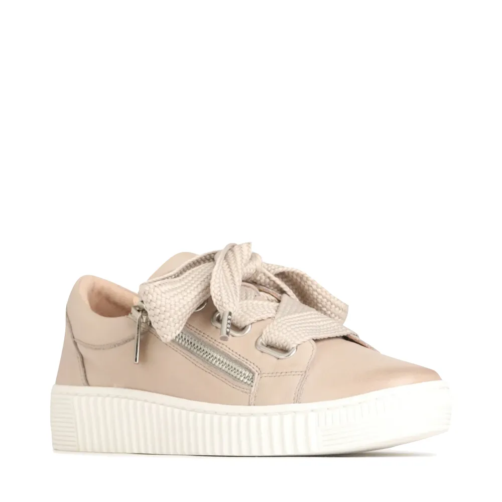 EOS Footwear Women's Jovi Leather Tie Sneaker in Stone