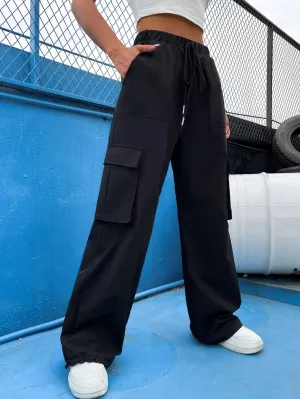Flap Pocket Side Drawstring Waist Casual Cargo Pants