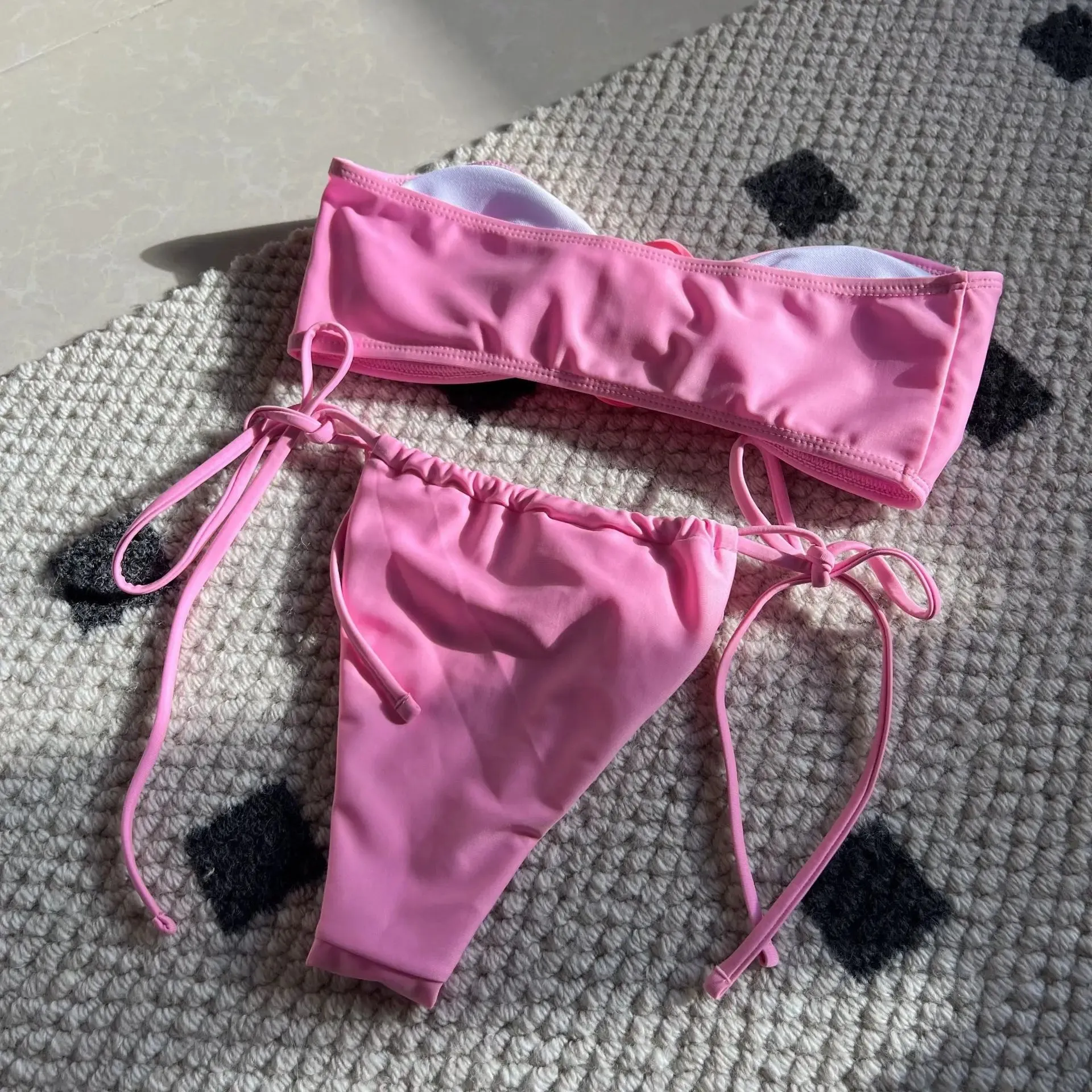 Flower Appliqué Bandeau Bra & Tie-Side Bikini 2 Piece Set for Women