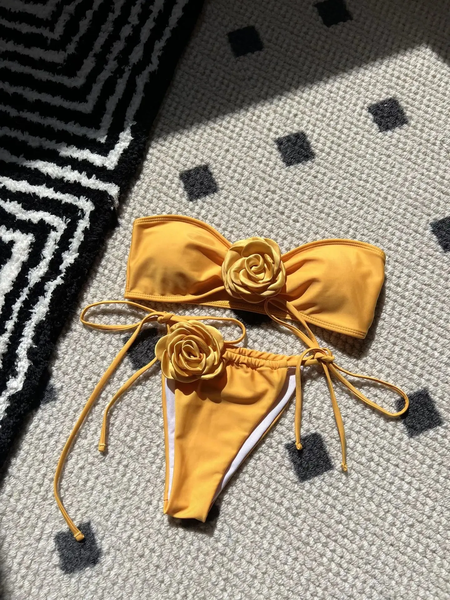 Flower Appliqué Bandeau Bra & Tie-Side Bikini 2 Piece Set for Women