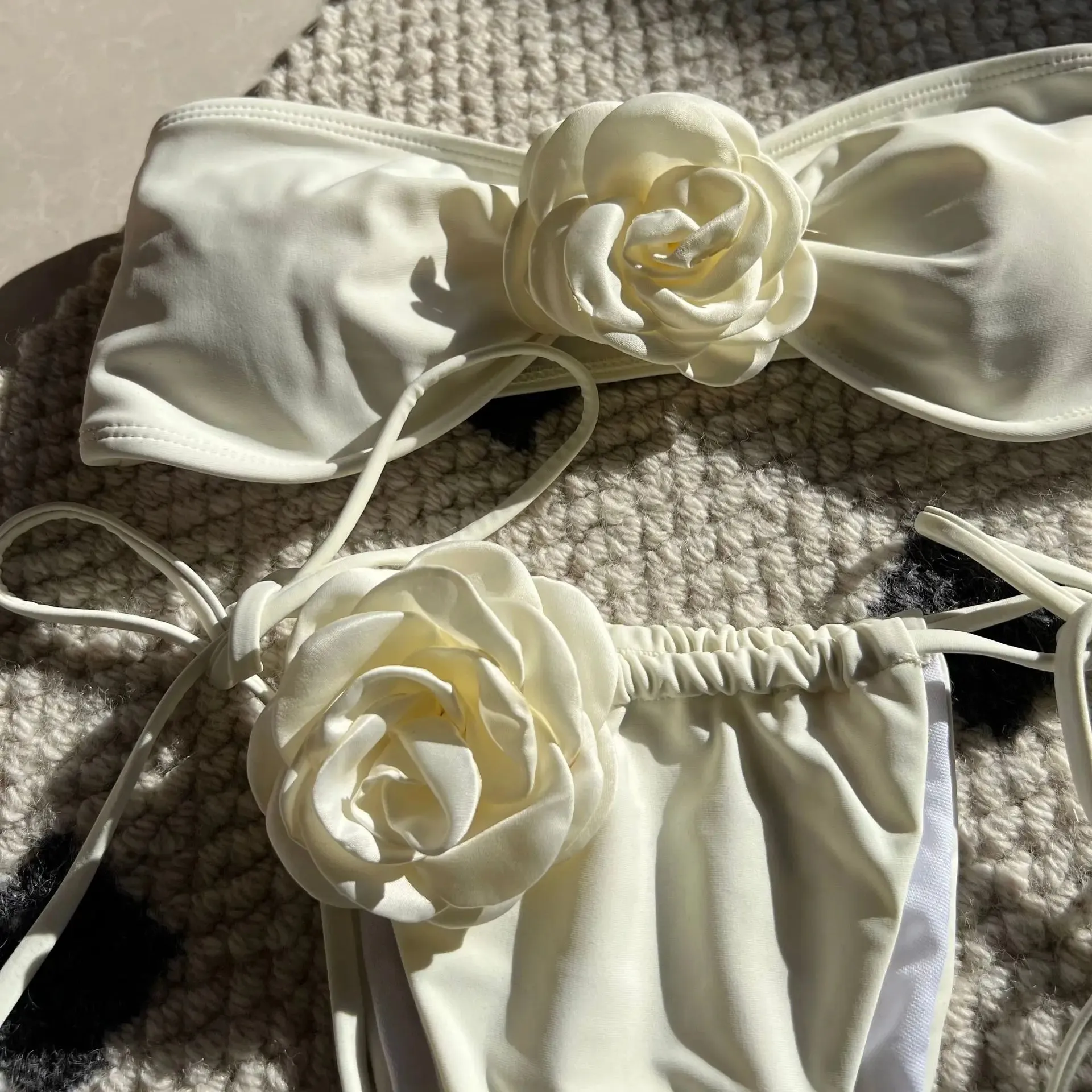 Flower Appliqué Bandeau Bra & Tie-Side Bikini 2 Piece Set for Women