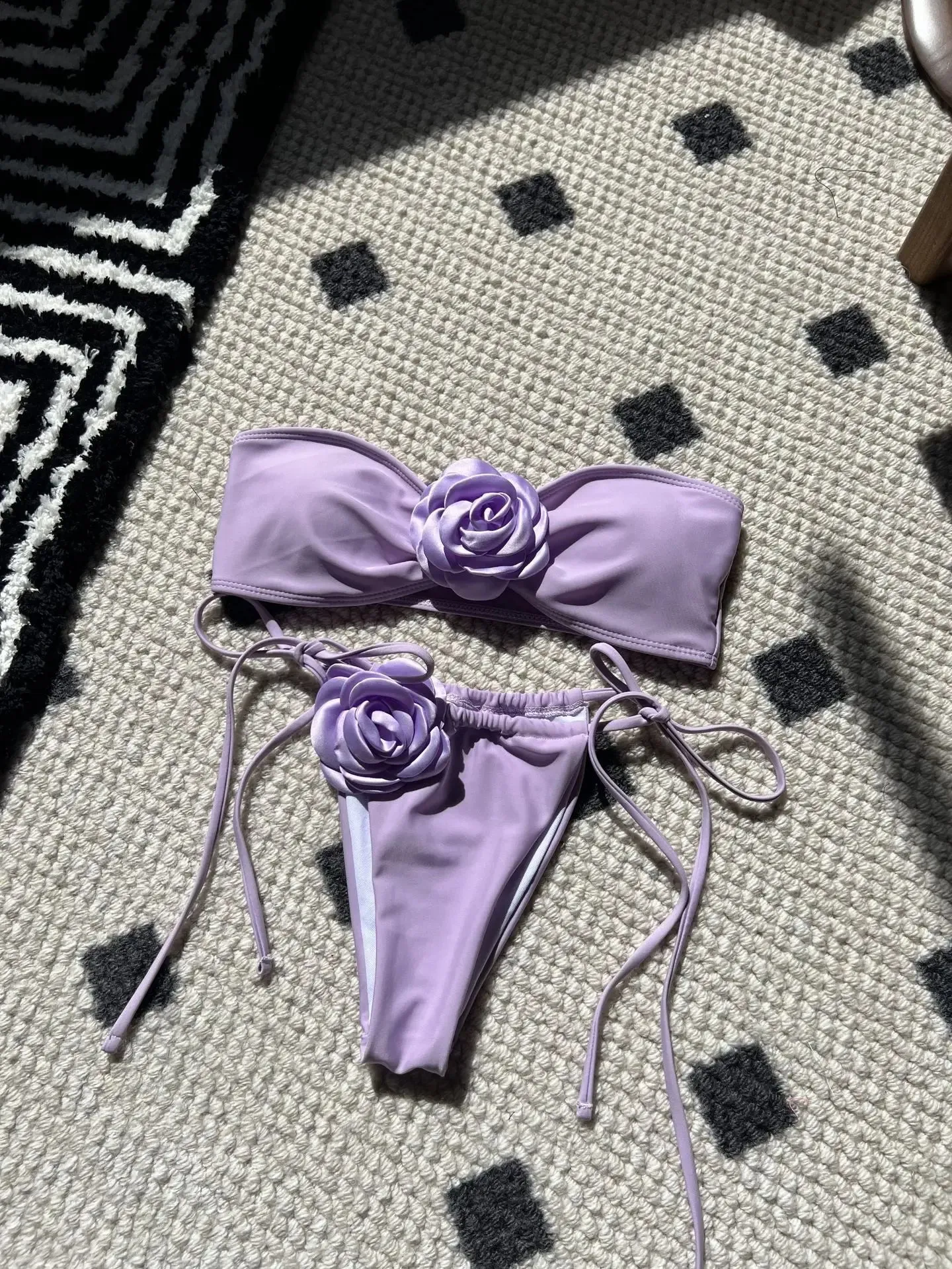 Flower Appliqué Bandeau Bra & Tie-Side Bikini 2 Piece Set for Women