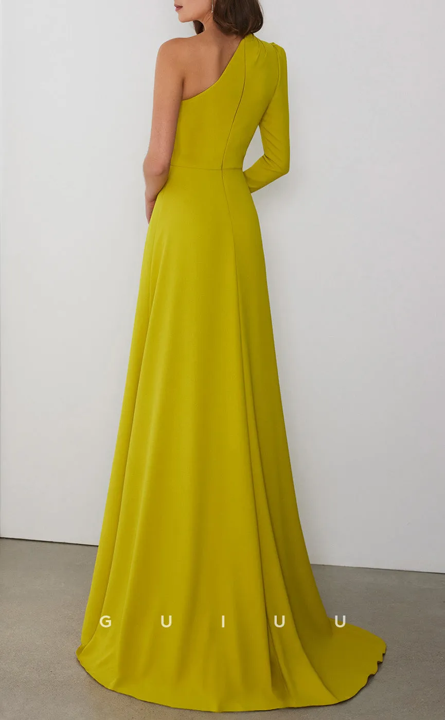 GM165 - A-Line One Shoulder Long Sleeves Long Prom Dress Wedding Guest Dress Cocktail Dress